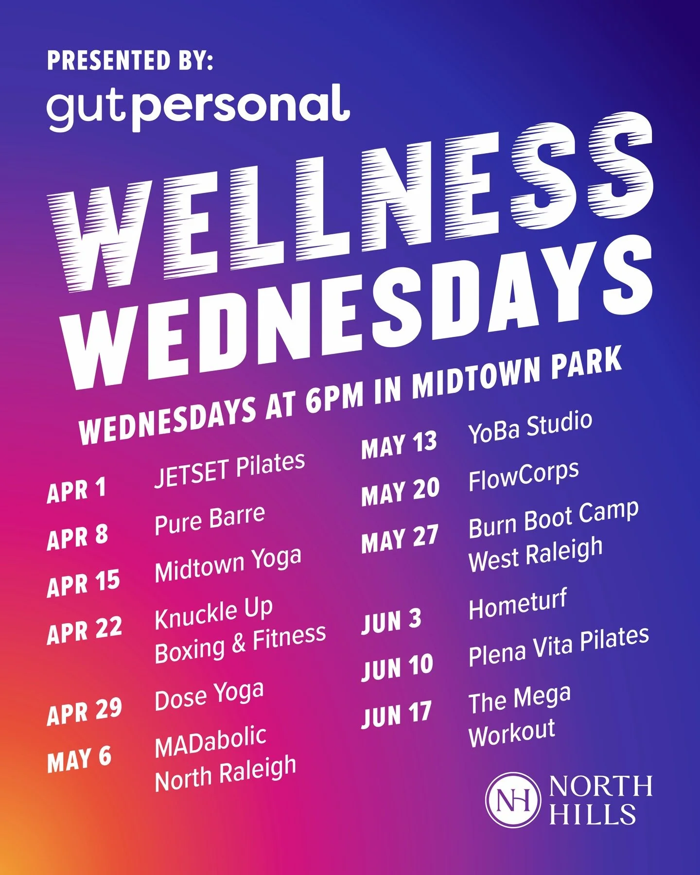 We&rsquo;re so excited to officially announce the Spring Wellness Wednesday lineup 🧘🏼&zwj;♀️✨💪

Presented by @gut.personal, a female-owned wellness brand that will be onsite at every event serving magnesium mocktails to keep you refreshed, relaxed