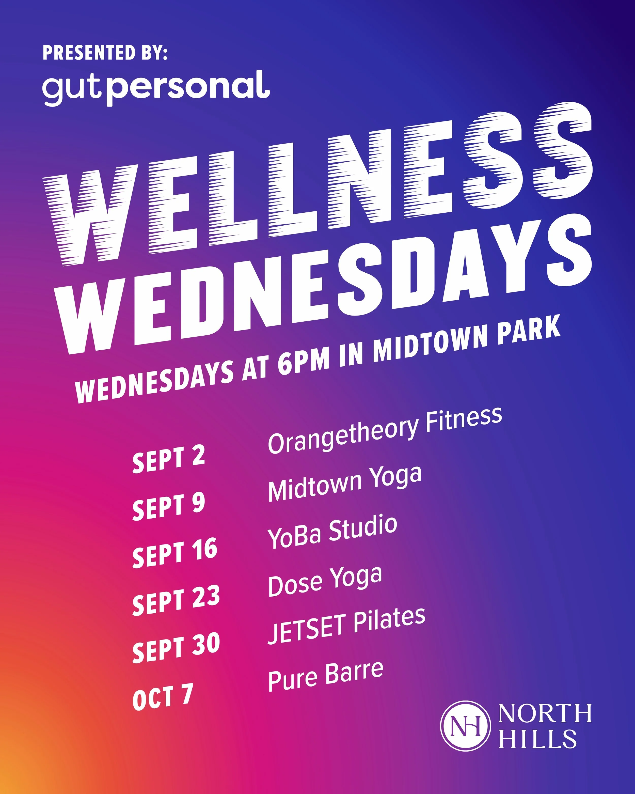 We&rsquo;re so excited to officially announce the Fall Wellness Wednesday lineup! 🍂✨💪

Join us at Midtown Park every Wednesday from September 2 through October 7 for outdoor workouts led by some of your favorite local fitness studios:

September 2 