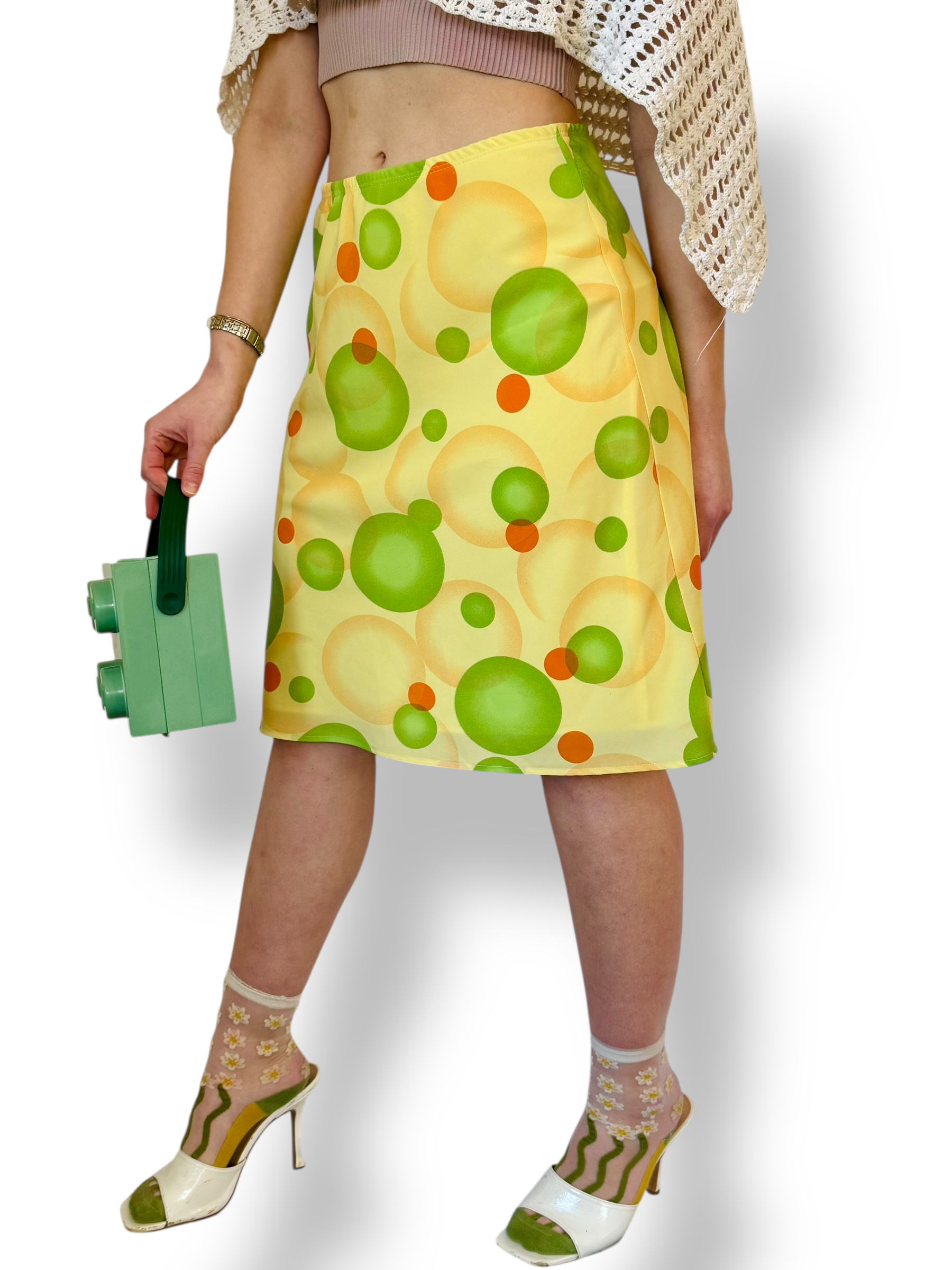 Chartreuse & Orange Psychedelic Dot Pencil Skirt • (Size 10)