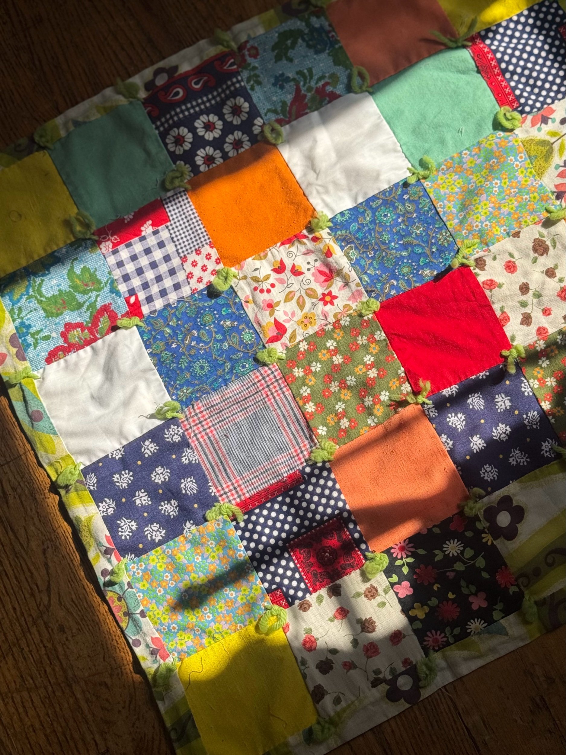 Vintage Nine Patch Tied Crib Quilt