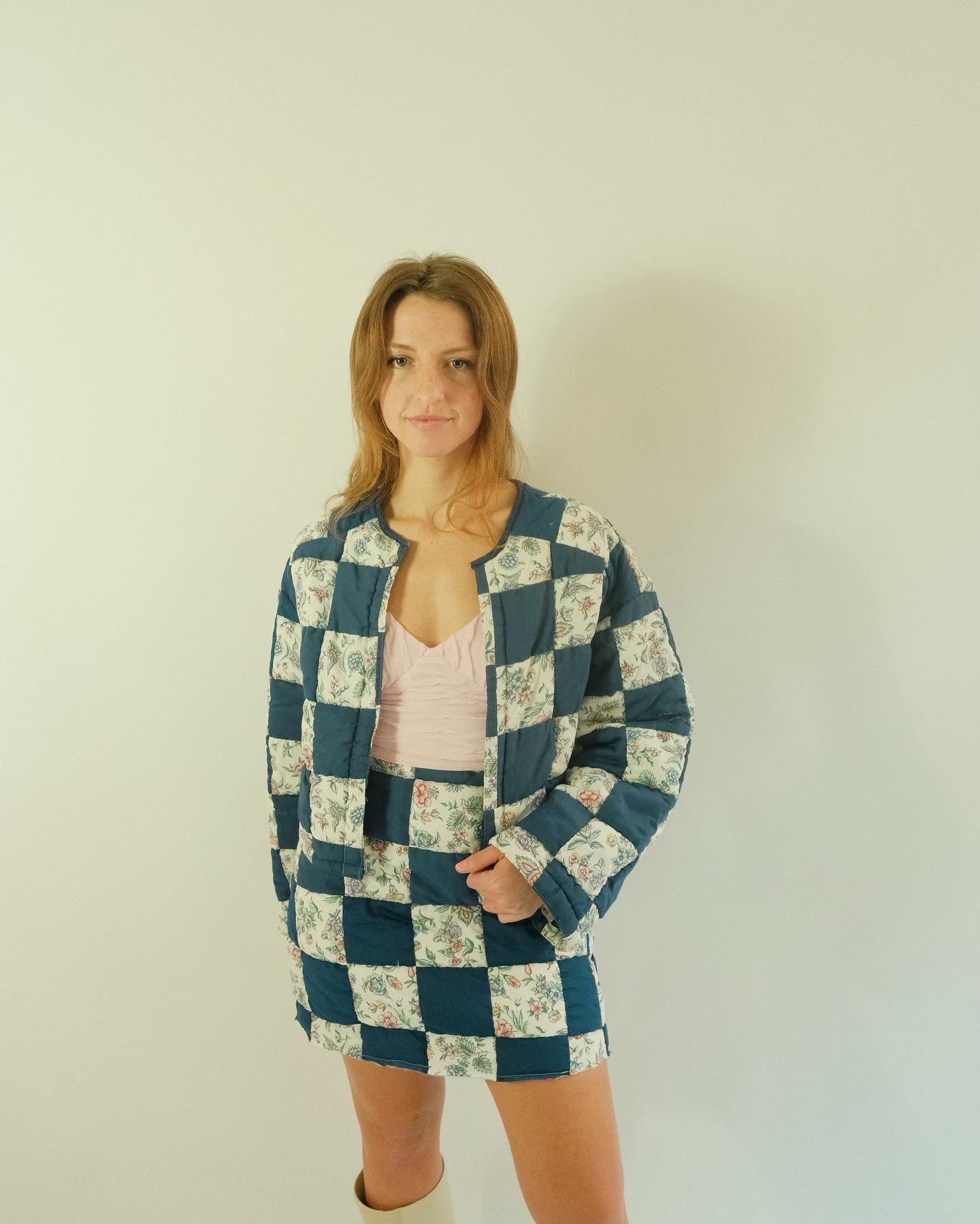 Floral & Navy Nine Patch Quilt Set 