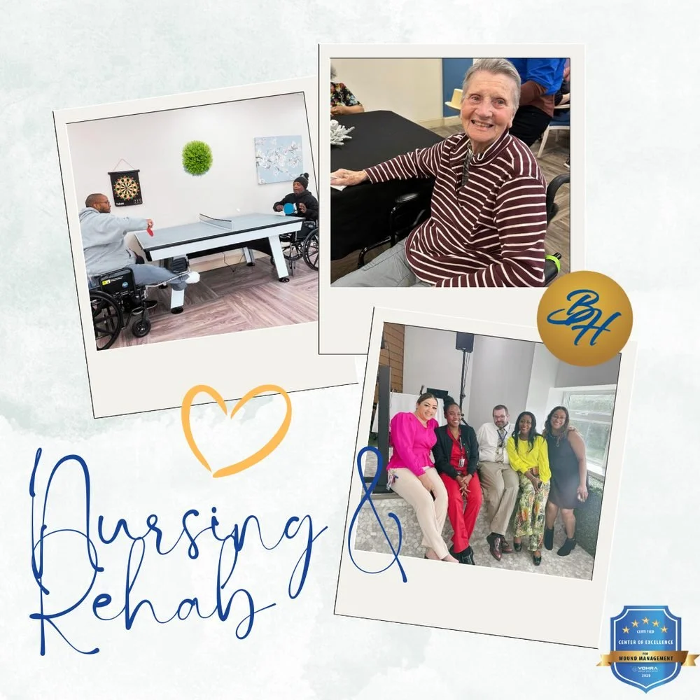 Brush Hill activities collage with wheelchair table tennis, a smiling resident and a group gathering.