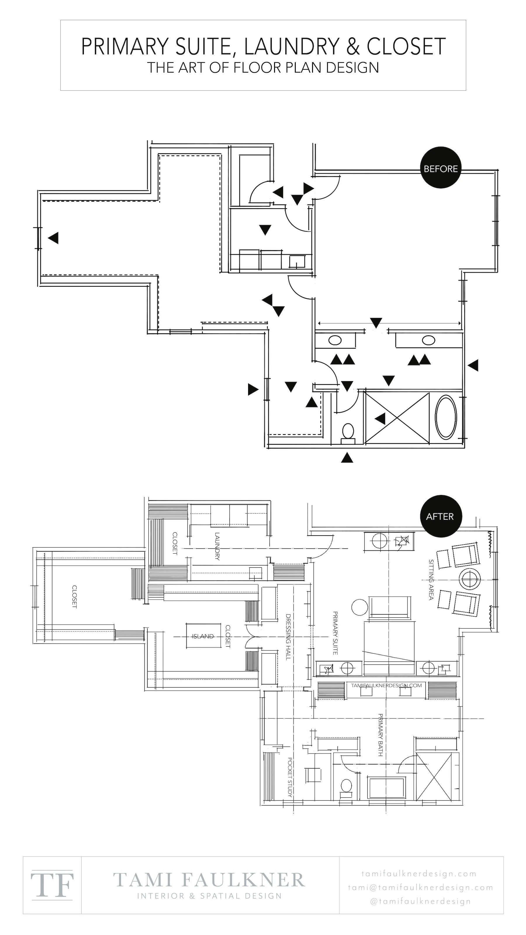 PRIMARY SUITE, LAUNDRY ROOM AND CLOSET FLOOR PLAN LAYOUT - BEFORE AND ...