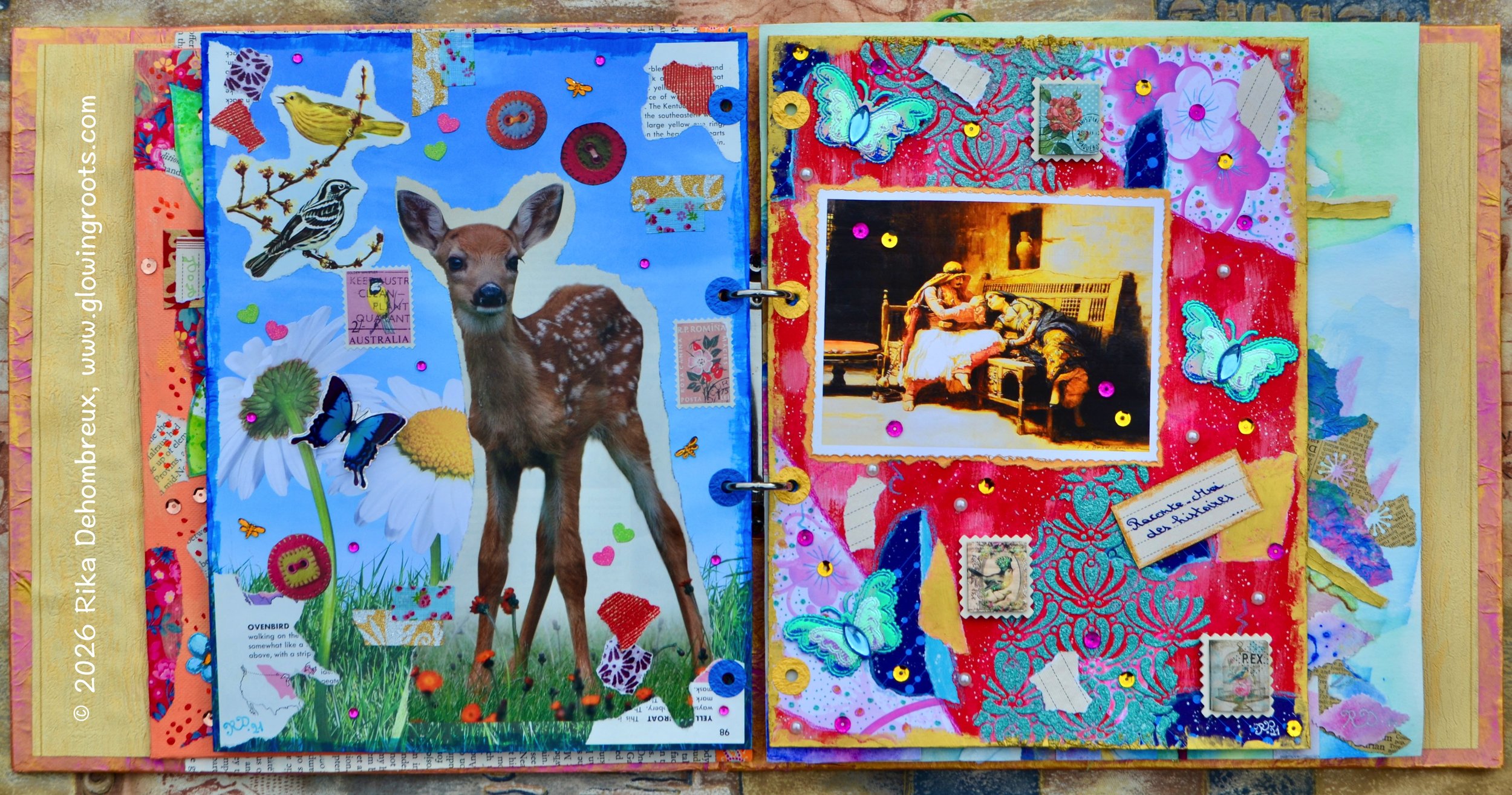 Large-scale collage page from a Glowing Roots Grimoire combining magazine images, dimensional elements, paint, and fairy-tale symbolism exploring storytelling and imagination.