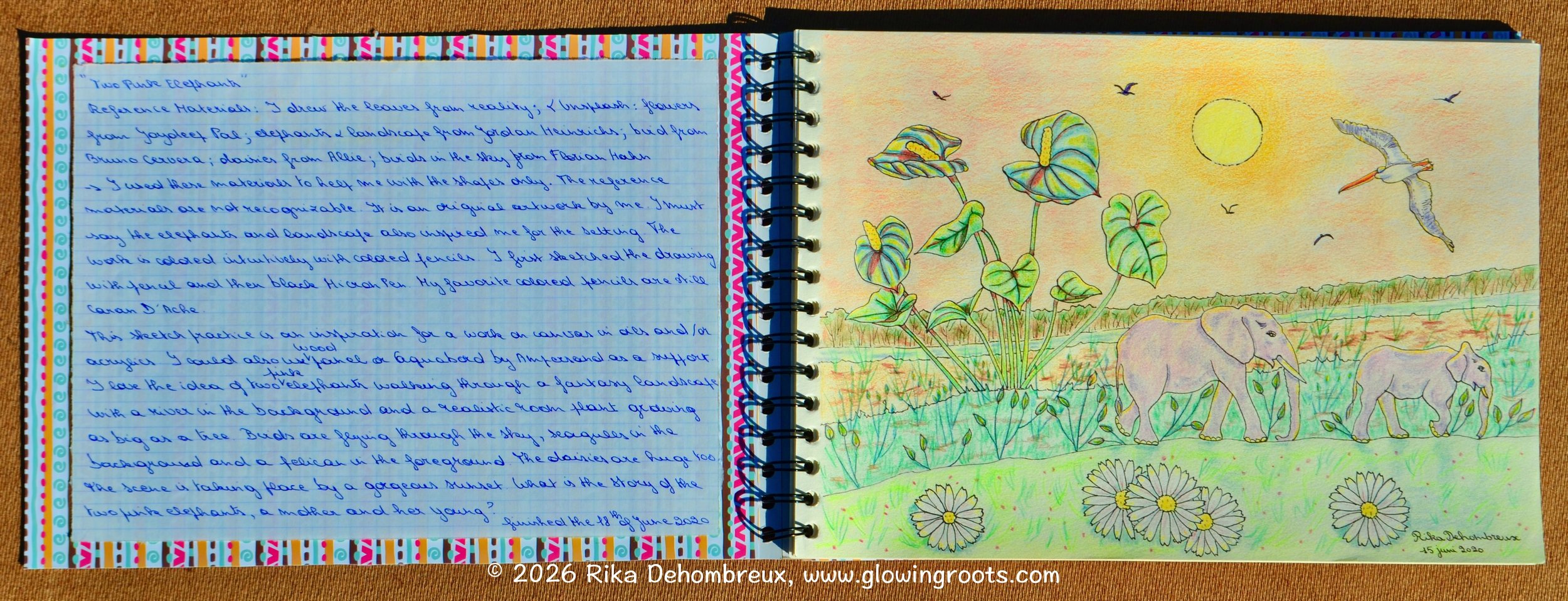 Colored pencil and pen drawing from a grimoire by Rika Dehombreux blending realistic animal studies with fantastical elements and reflective notes on this study.