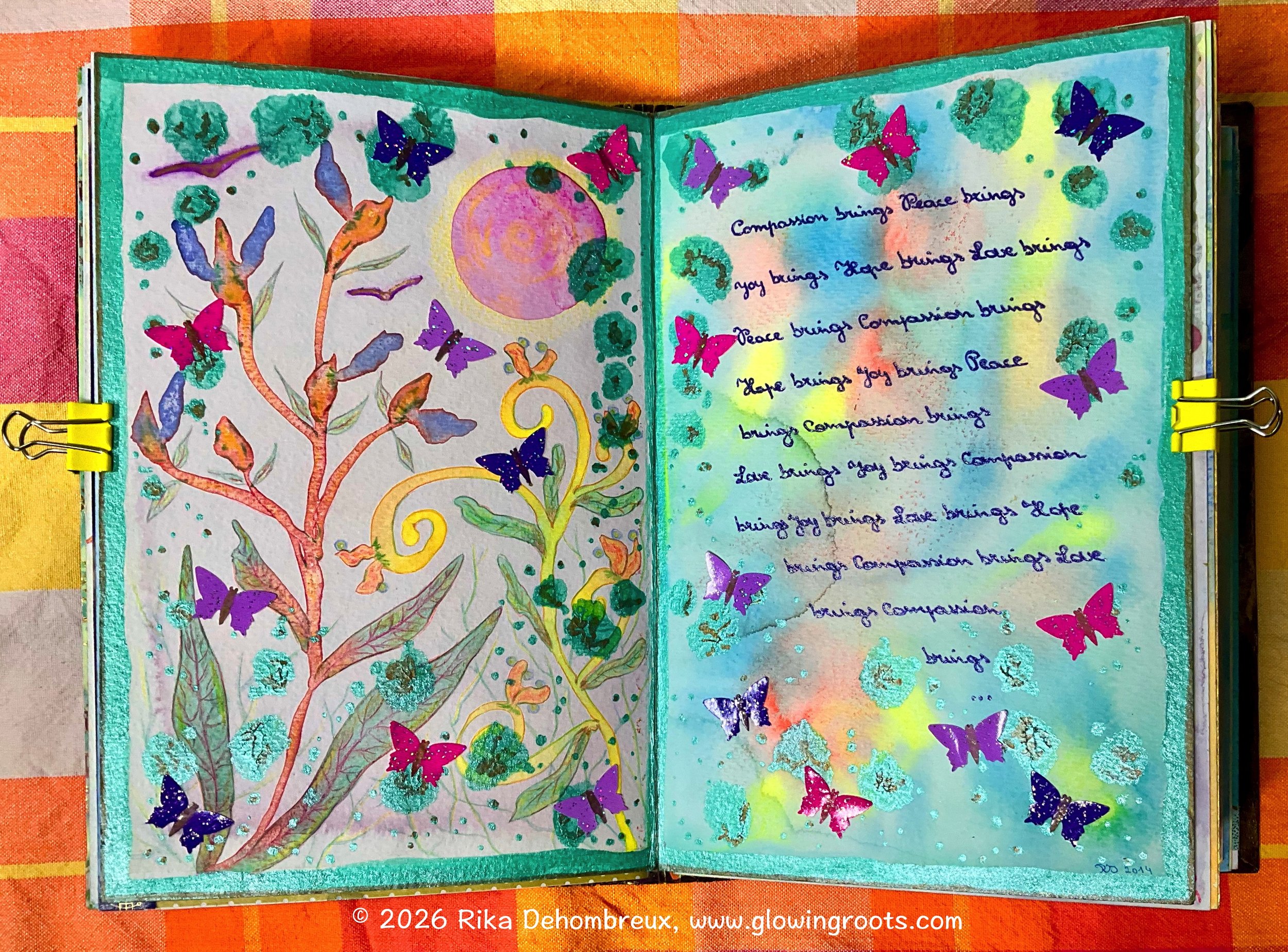 Completed Glowing Roots Grimoire page featuring an Intuitive art journal spread by Rika Dehombreux with watercolor, collage, and repeated handwritten text forming a visual mantra.