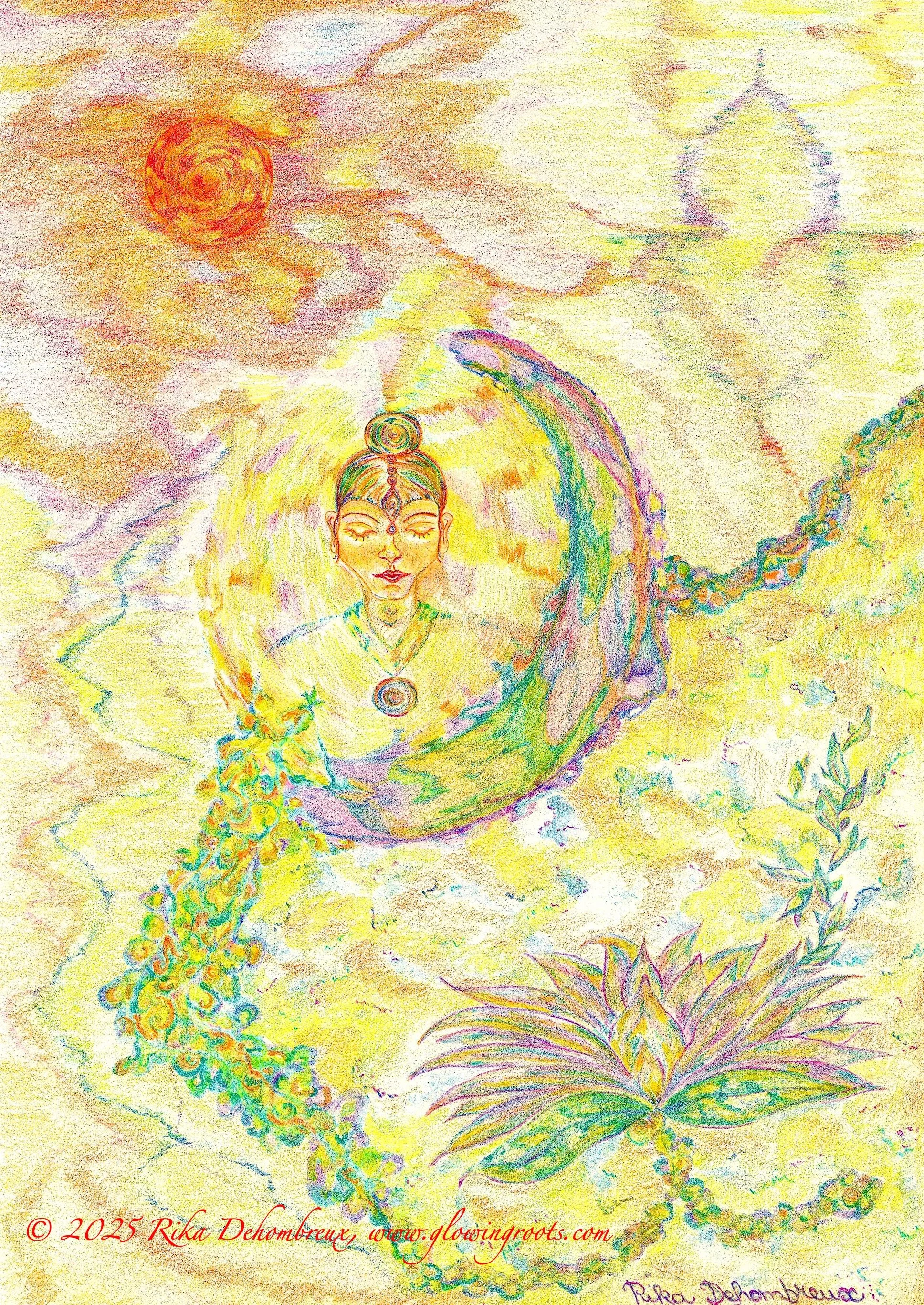 Intuitive drawing in colored pencils showing a serene human figure surrounded by flowing light, plants, and a flowering form within a soft, luminous landscape, drawn on paper by Rika Dehombreux.