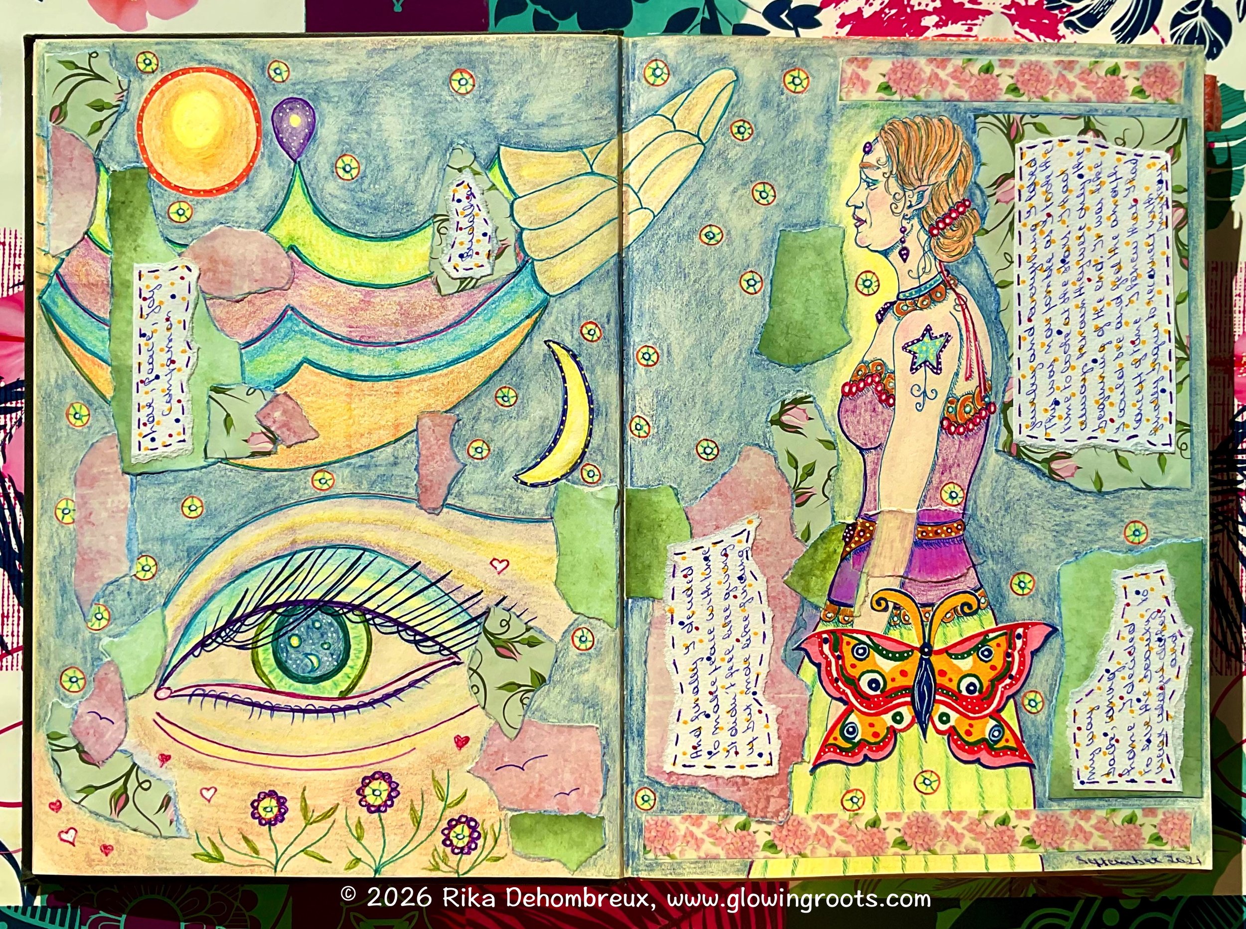 Mixed media grimoire spread by Rika Dehombreux showing intuitive figure drawing, collage, handwritten reflections, and symbolic imagery developed over many years.