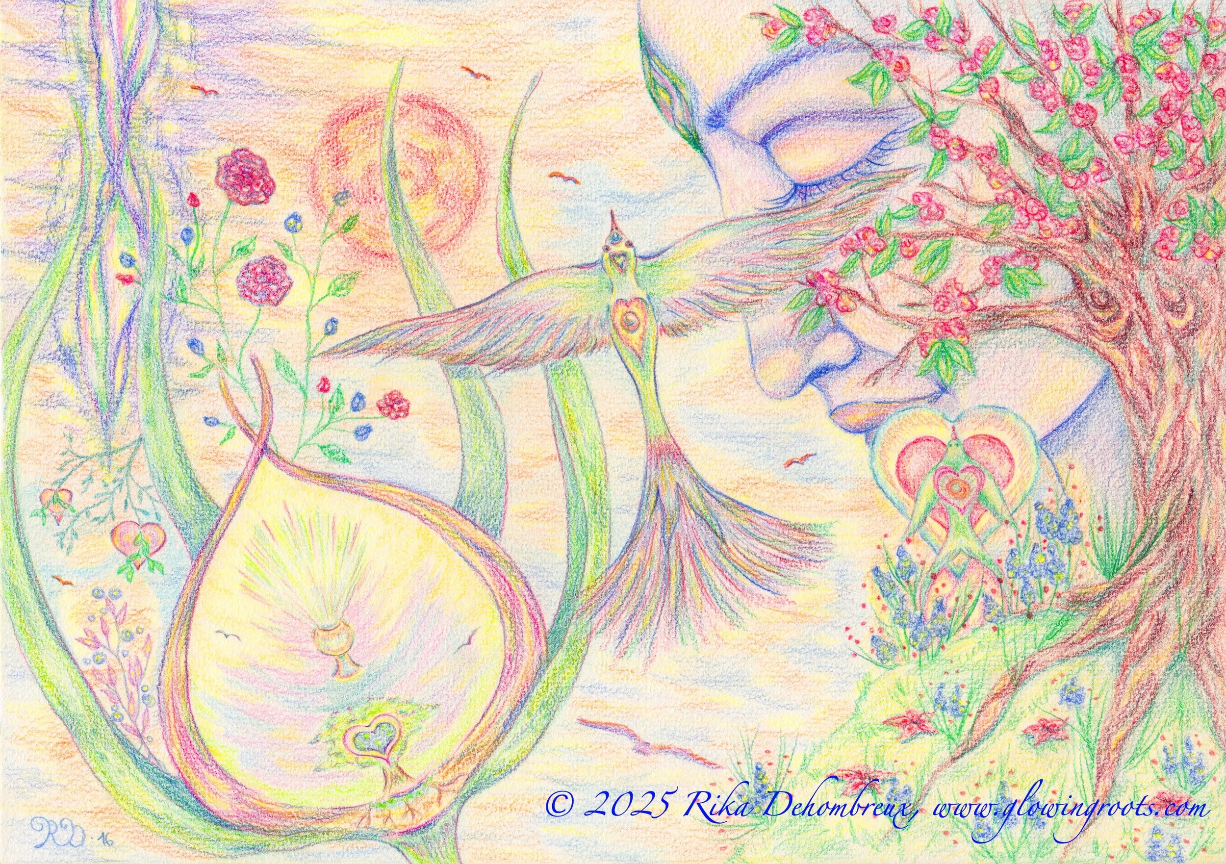 Intuitive drawing in colored pencils showing a symbolic Holy Grail, a flying bird, flowering plants, and a calm human profile integrated into a natural landscape, drawn on paper by Rika Dehombreux.