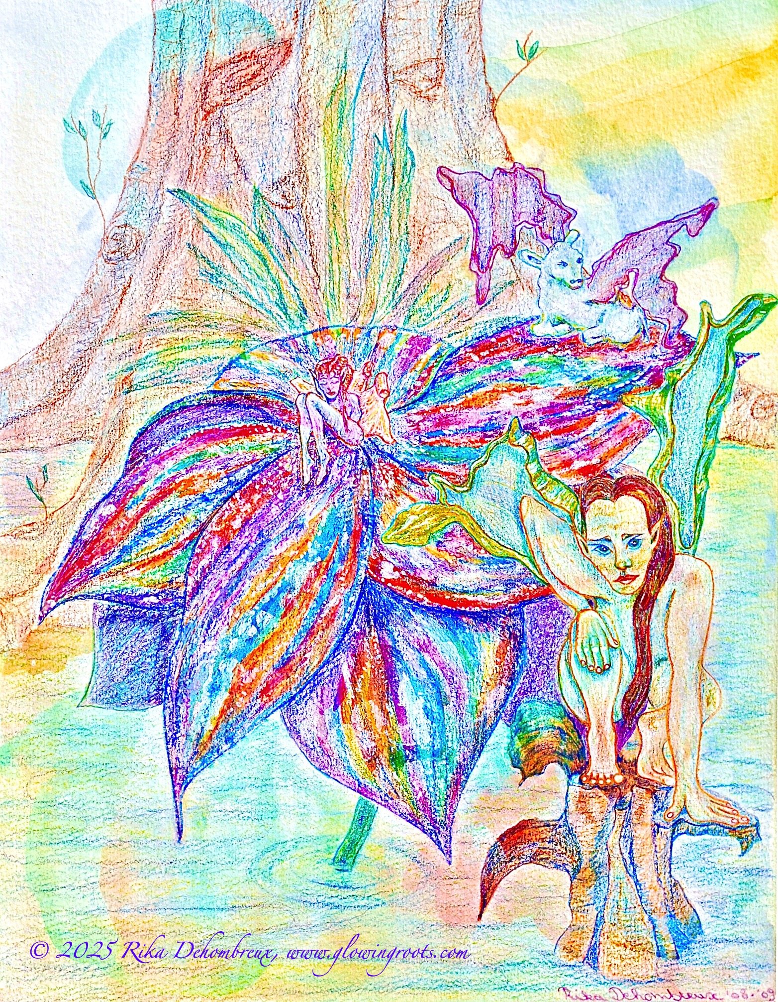 Intuitive drawing of a guardian fairy with rainbow wings and mythical creatures, created in colored pencils on paper by Rika Dehombreux.