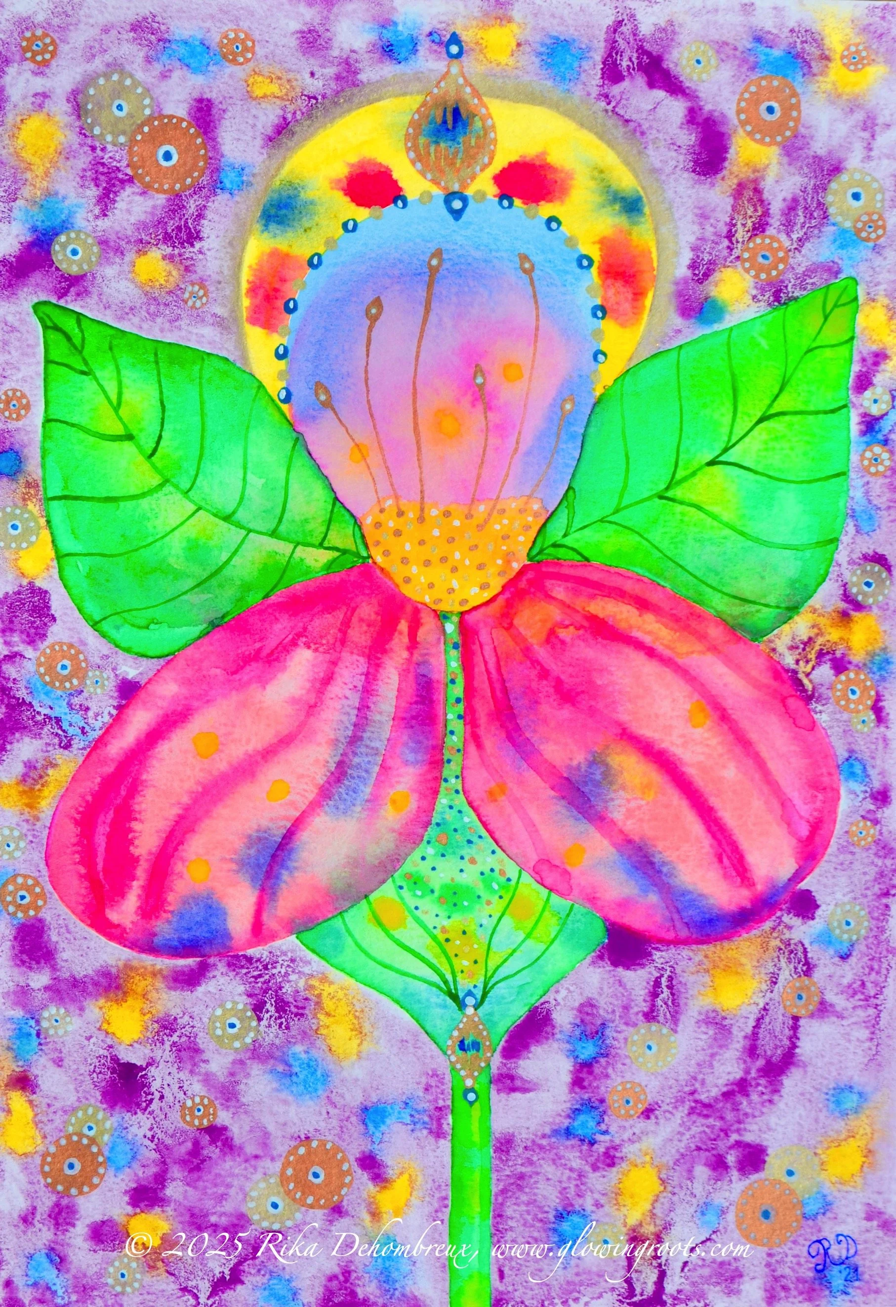 Intuitive painting of a stylized flower with pink petals, green leaves, and decorative patterns in bright colors, created with watercolors and gouache on paper by Rika Dehombreux.