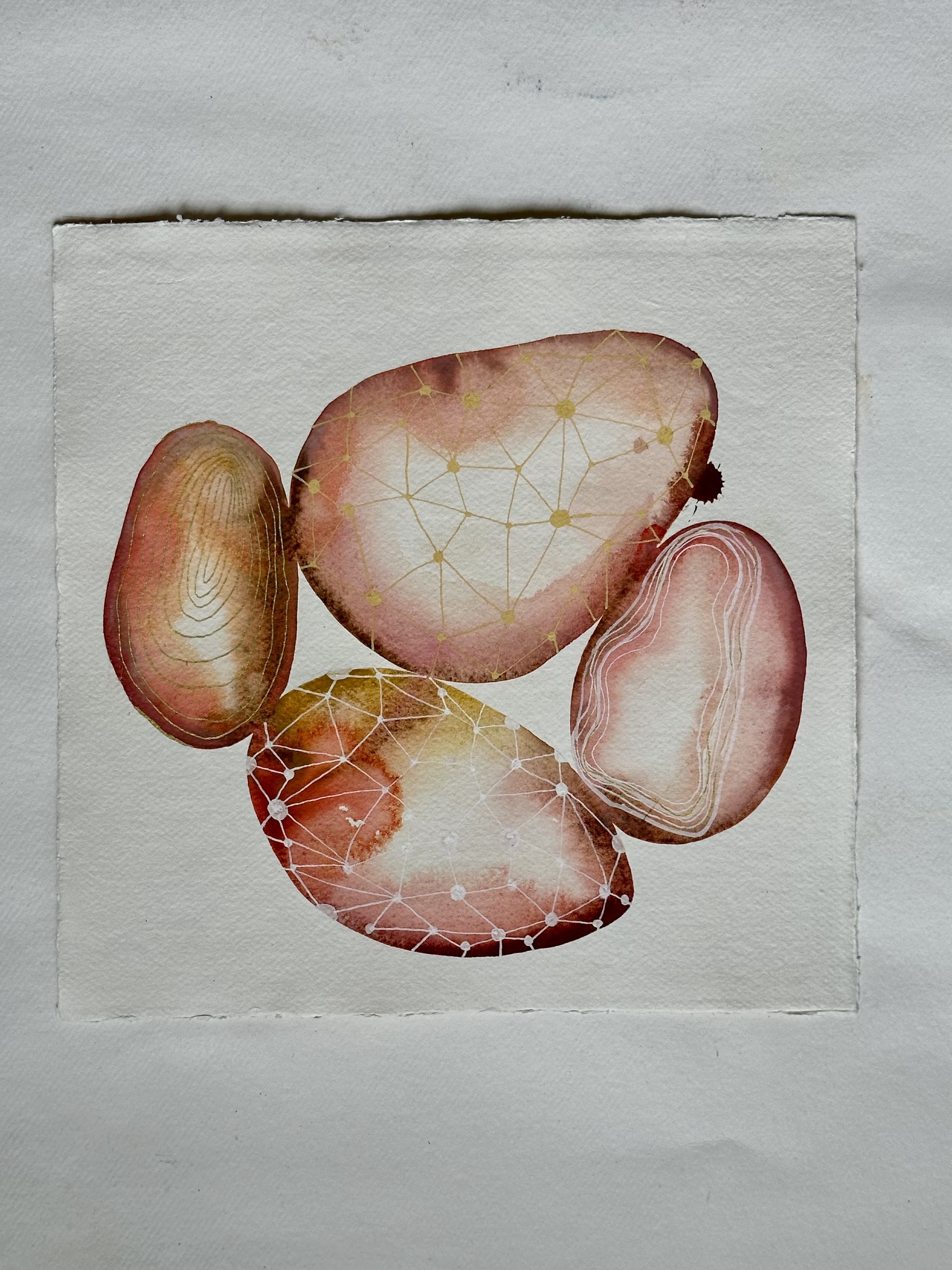 Abstract watercolor art of four overlapping oval shapes in earthy tones with geometric patterns on textured paper.