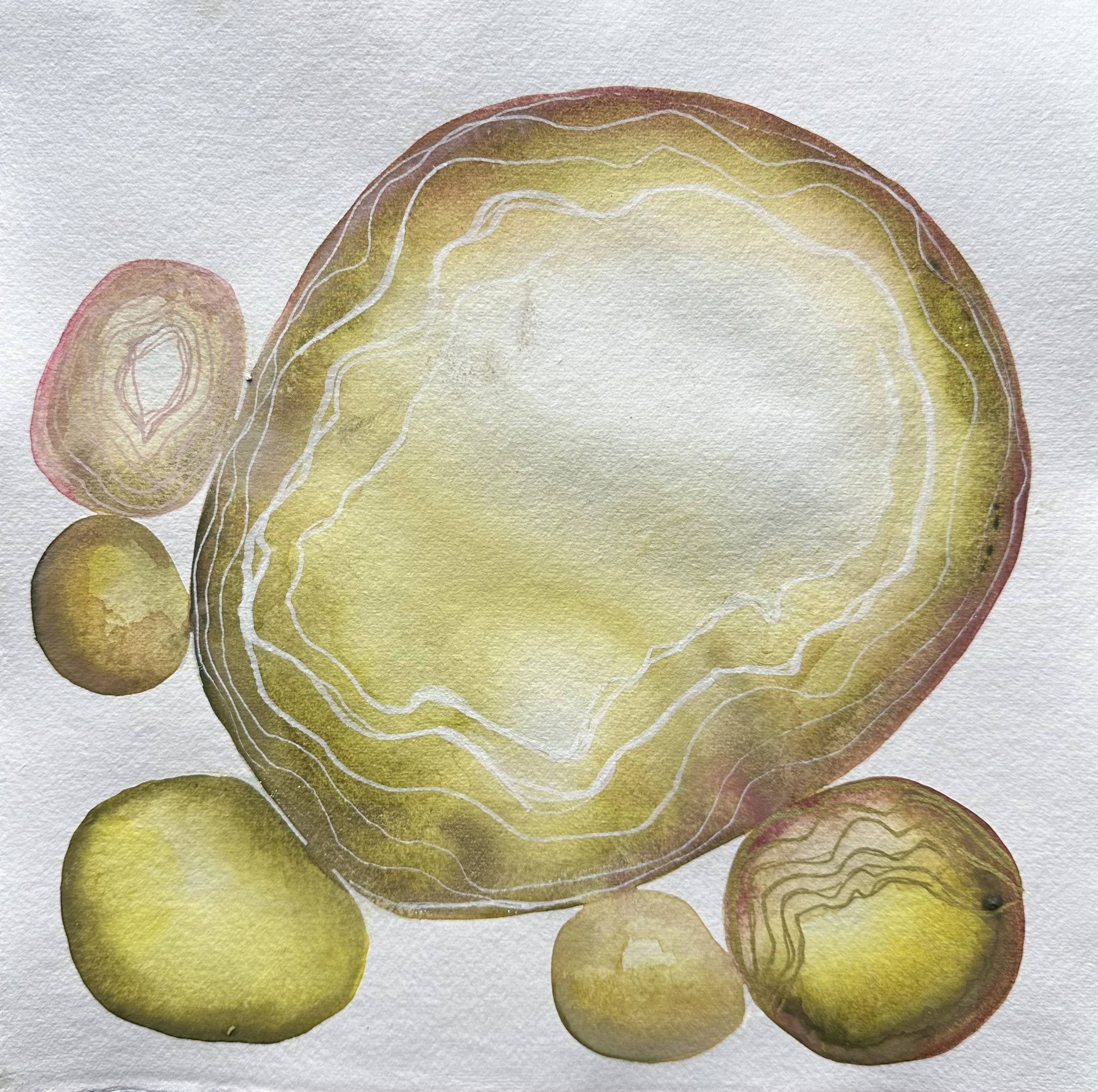 Abstract watercolor painting with yellow and brown circular shapes, resembling geological patterns.