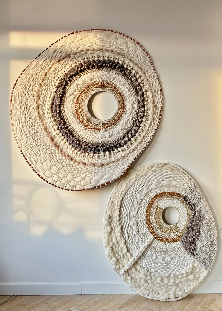 picture of round handwoven wallart wallpiece wallhanging wool and cotton modern weaving
