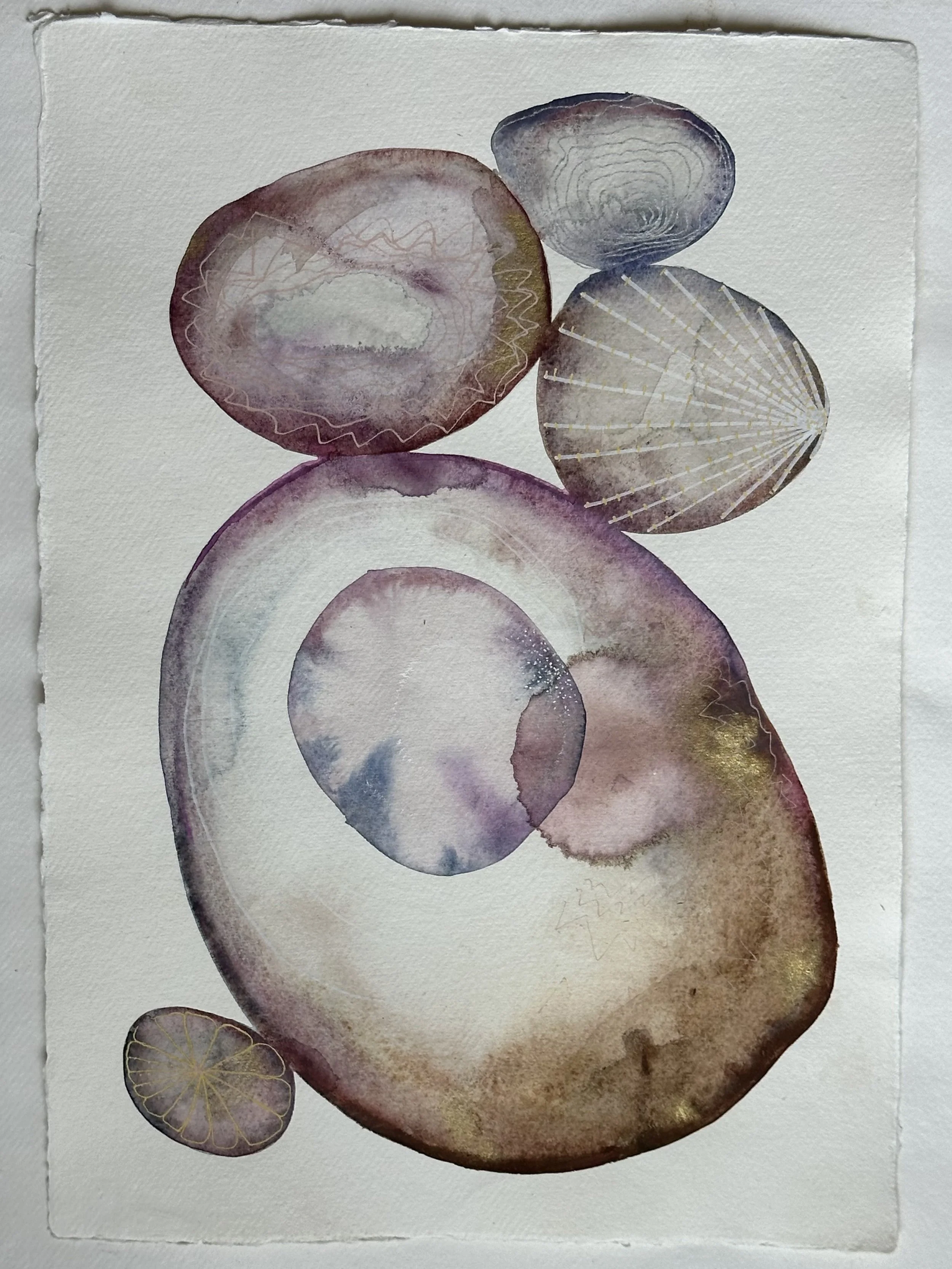 Abstract watercolor painting of overlapping circular shapes in muted tones of brown, purple, and cream.