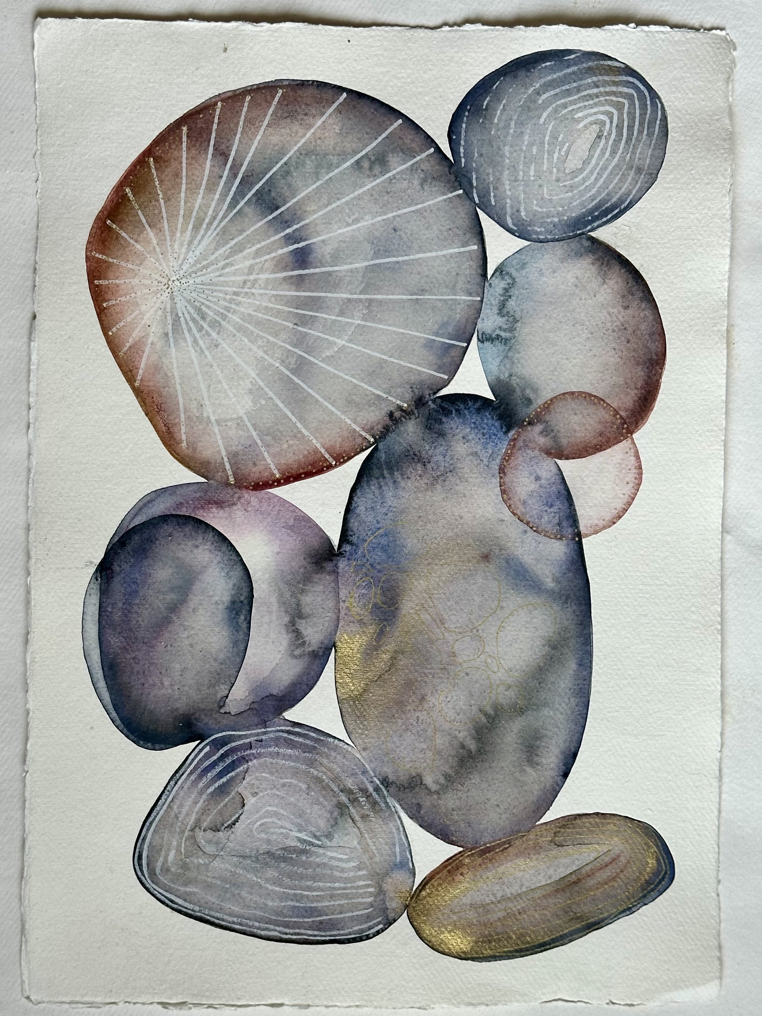 Abstract watercolor painting featuring overlapping oval shapes in shades of gray, blue, and brown with subtle line patterns.