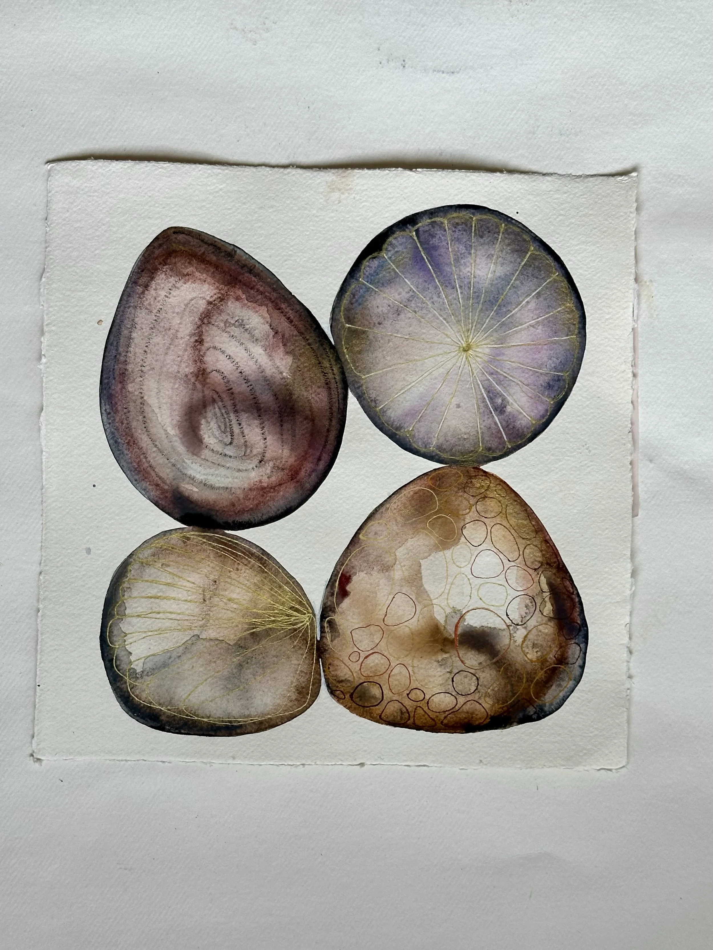 Abstract watercolor painting with four overlapping shapes resembling stones or seashells, featuring earthy tones and circular patterns.