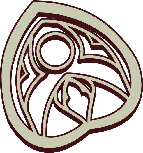 Stylized illustration of a gothic cathedral window in the shape of a upside down heart / planchette (a device used for Ouija boards)