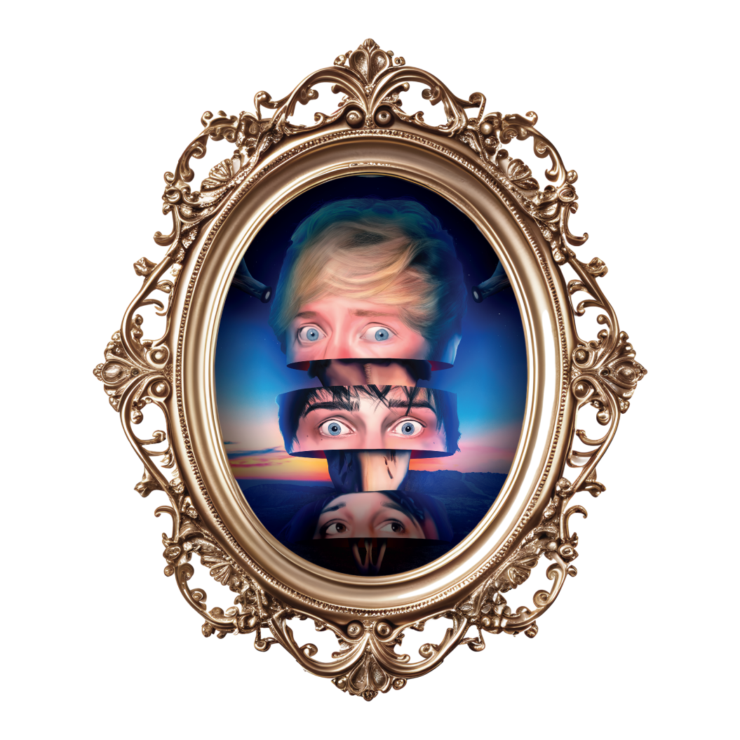A decorative ornate gold frame with a surreal, multi-layered mirror reflection of three young people's faces with surprised expressions, against a sunset landscape background.