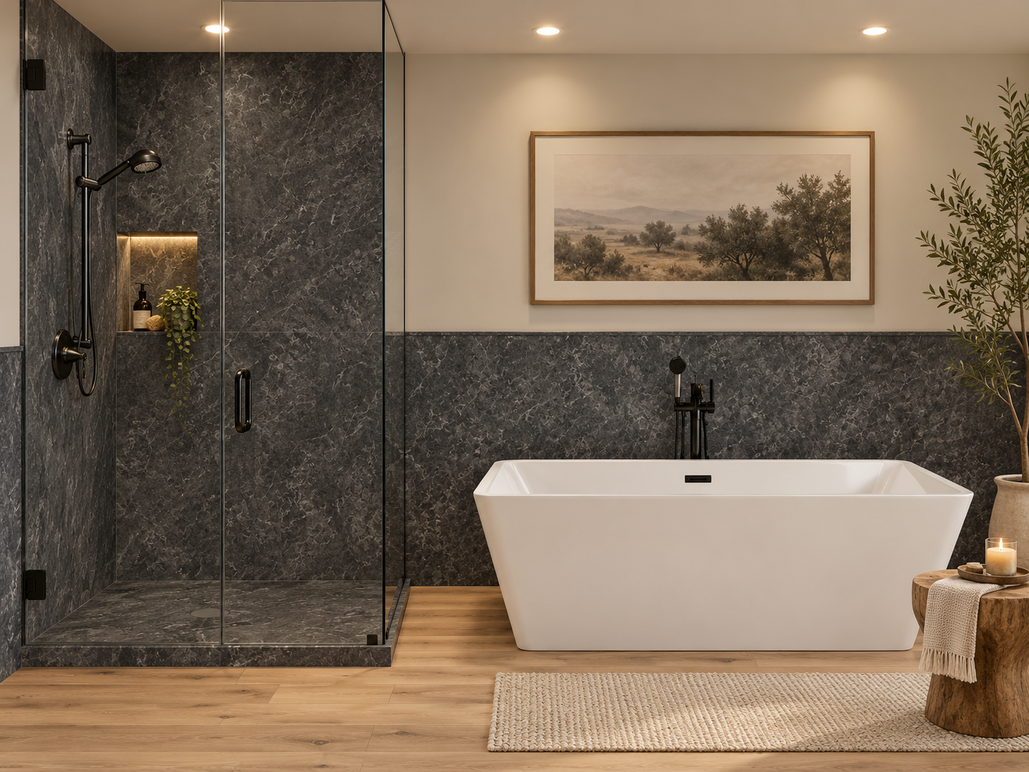 Milano Nero 2 wall shower and wainscot rendering 