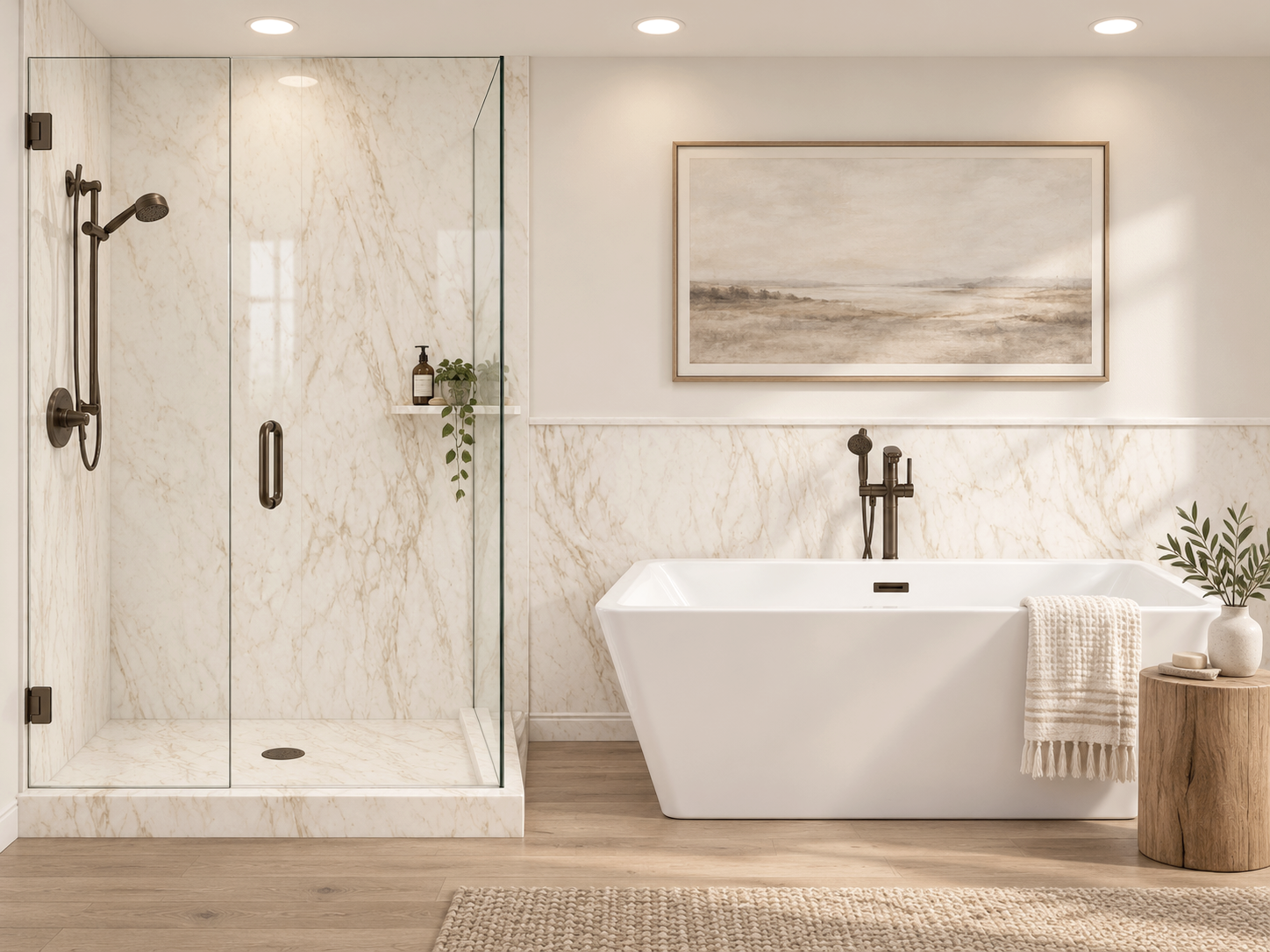 Statuary Beige 2 wall shower and wainscot rendering