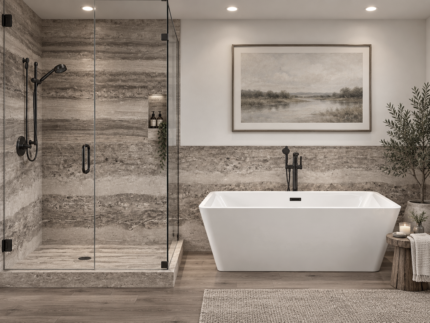 Stratus Brown 2 wall shower and wainscot rendering