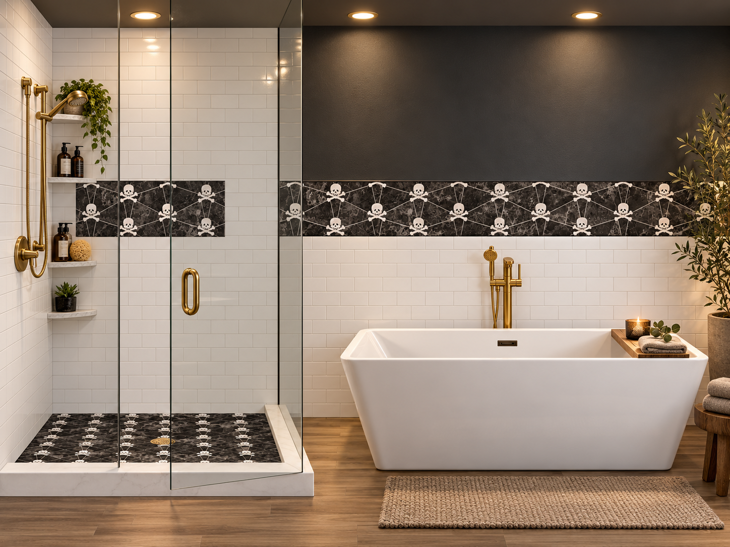 Obsidian Skull niche and accent strip 2 wall shower and wainscot rendering