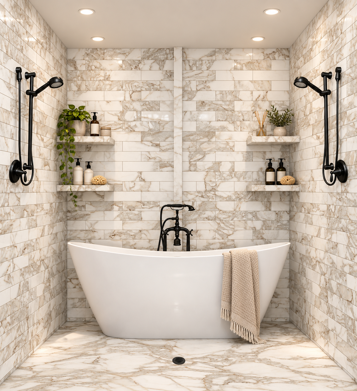 Calcutta Brown 3x12 subway tub and shower wet room rendering