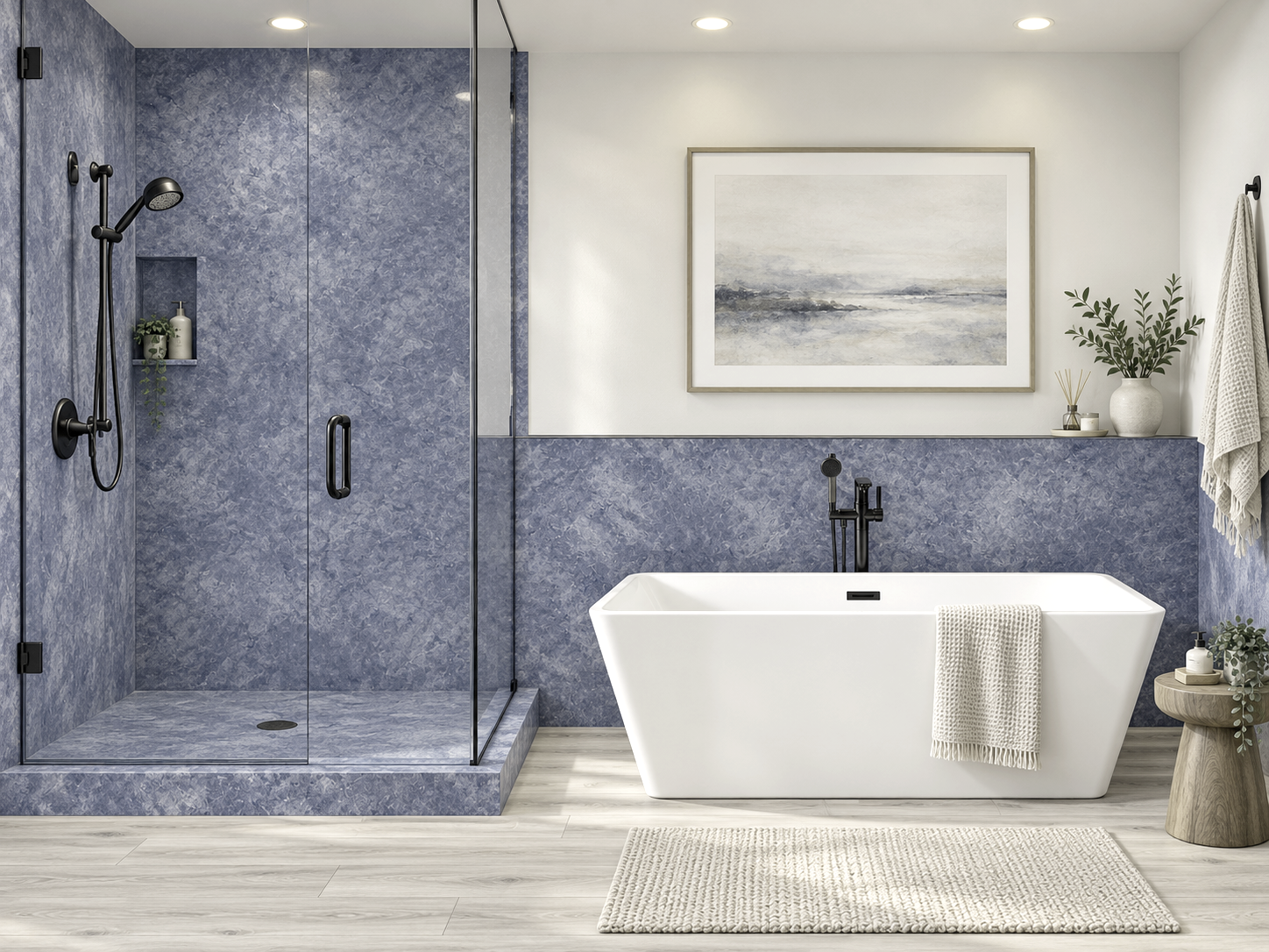 Blue Concrete 2 wall shower and wainscot rendering