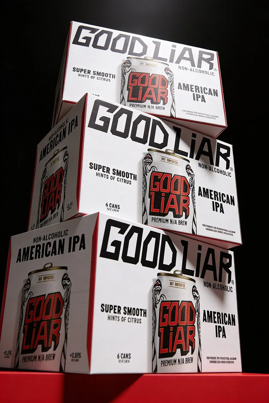Three boxes of Good Liar American IPA non-alcoholic beer with six cans inside each box, placed on a red surface against a black background.