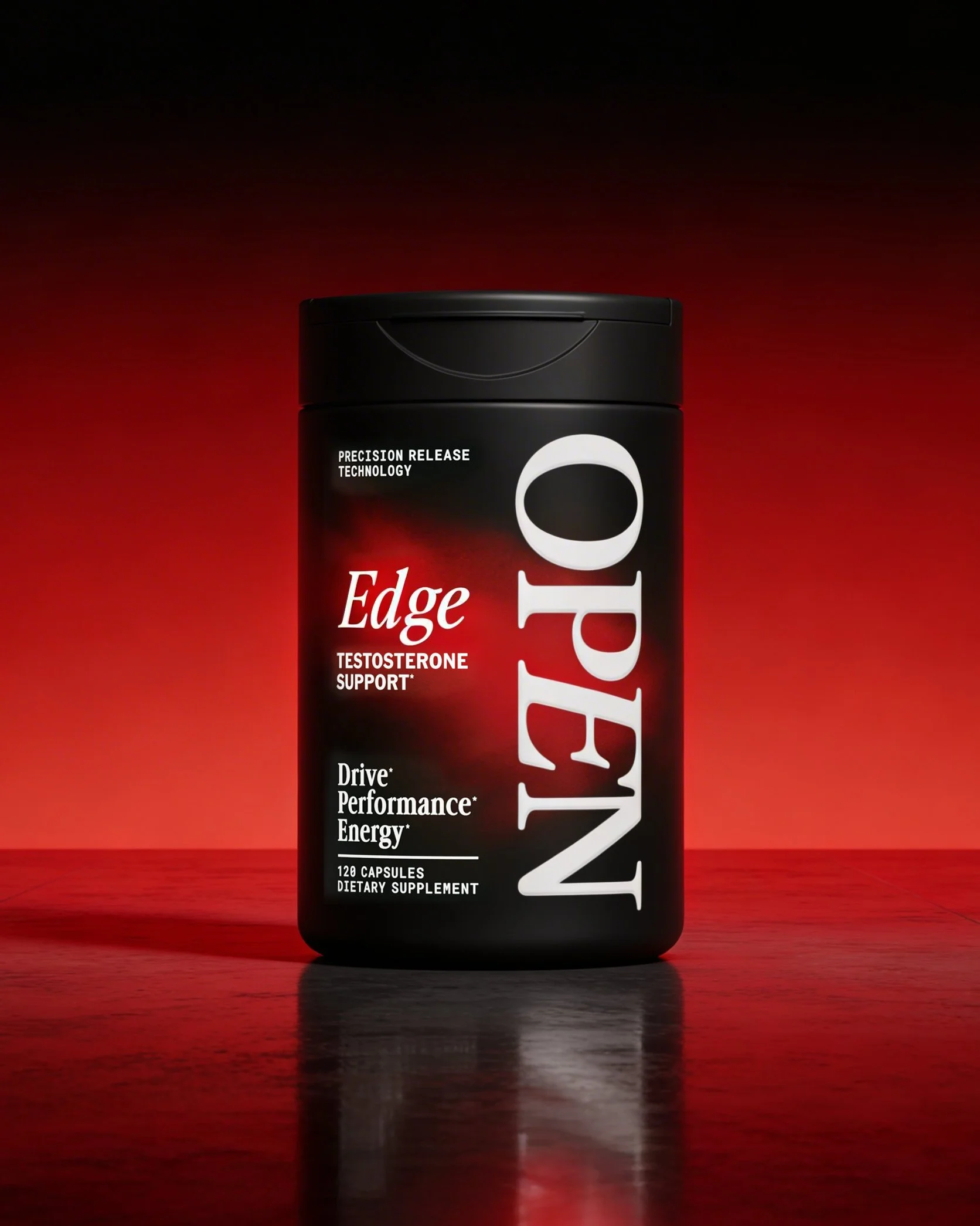 A black bottle of Eno edge testosterone support supplement with white and red text on a red gradient background.