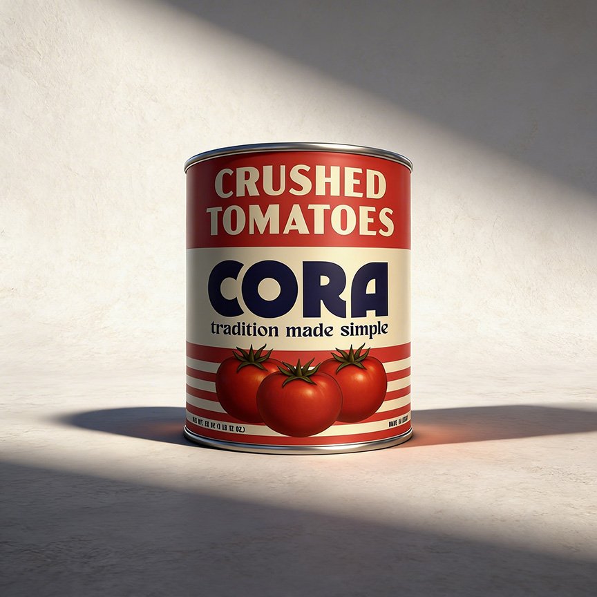 A can of crushed tomatoes labeled 'Cora, tradition made simple' with an illustration of three tomatoes on the front.