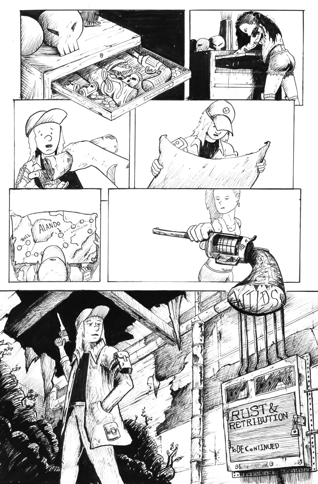 A black and white comic strip with multiple panels showing characters preparing for an attack or mission, including a girl with a syringe, a person reading a map, and a woman holding a gun. The last panel depicts a woman standing in front of a sign t