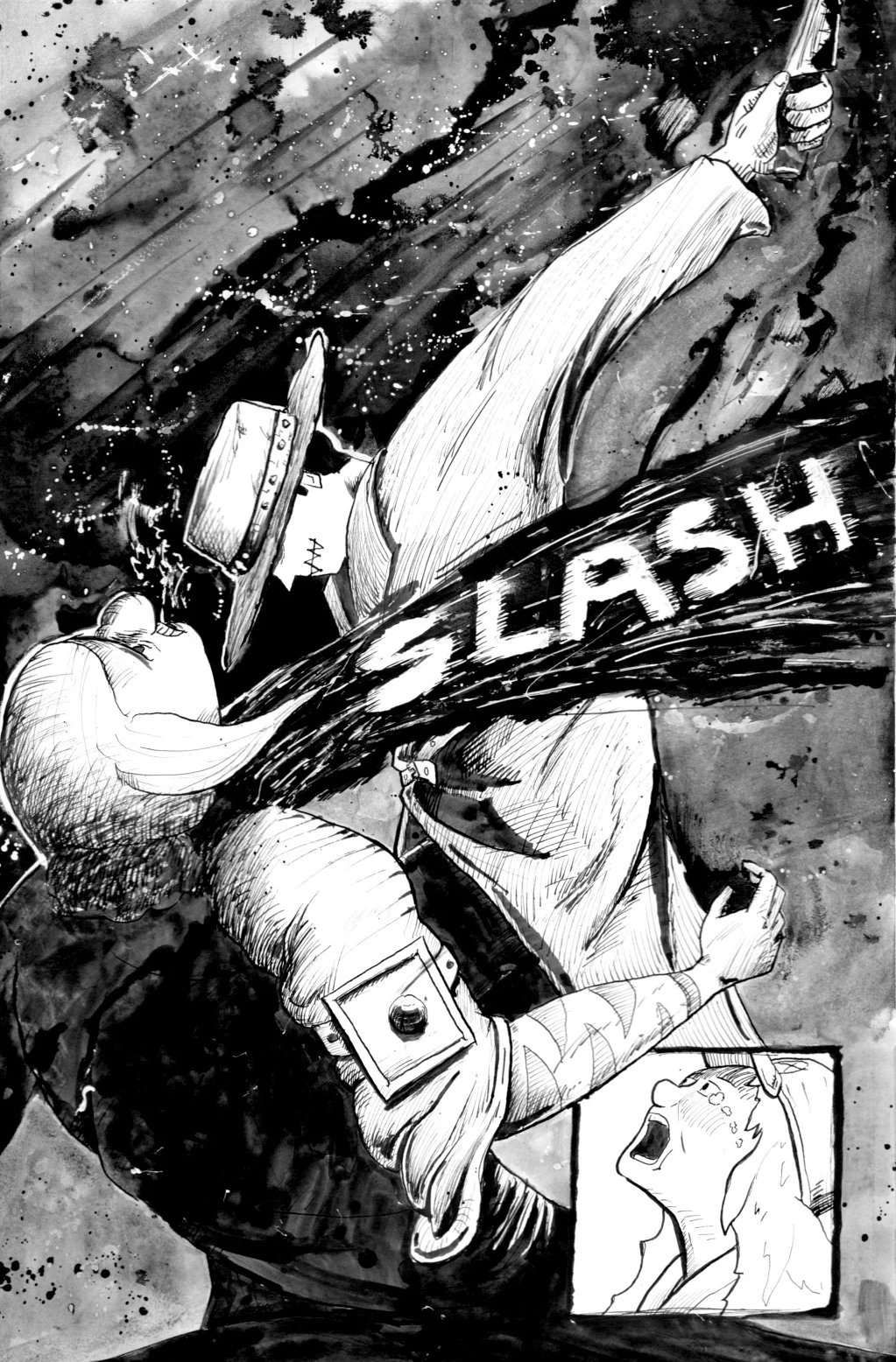 A comic-style black and white illustration of a police officer wearing a uniform with a badge and a hat, holding a baton or club labeled "SHUSH". The officer appears to be in a dramatic stance, with an expression of fear or surprise depicted in an in