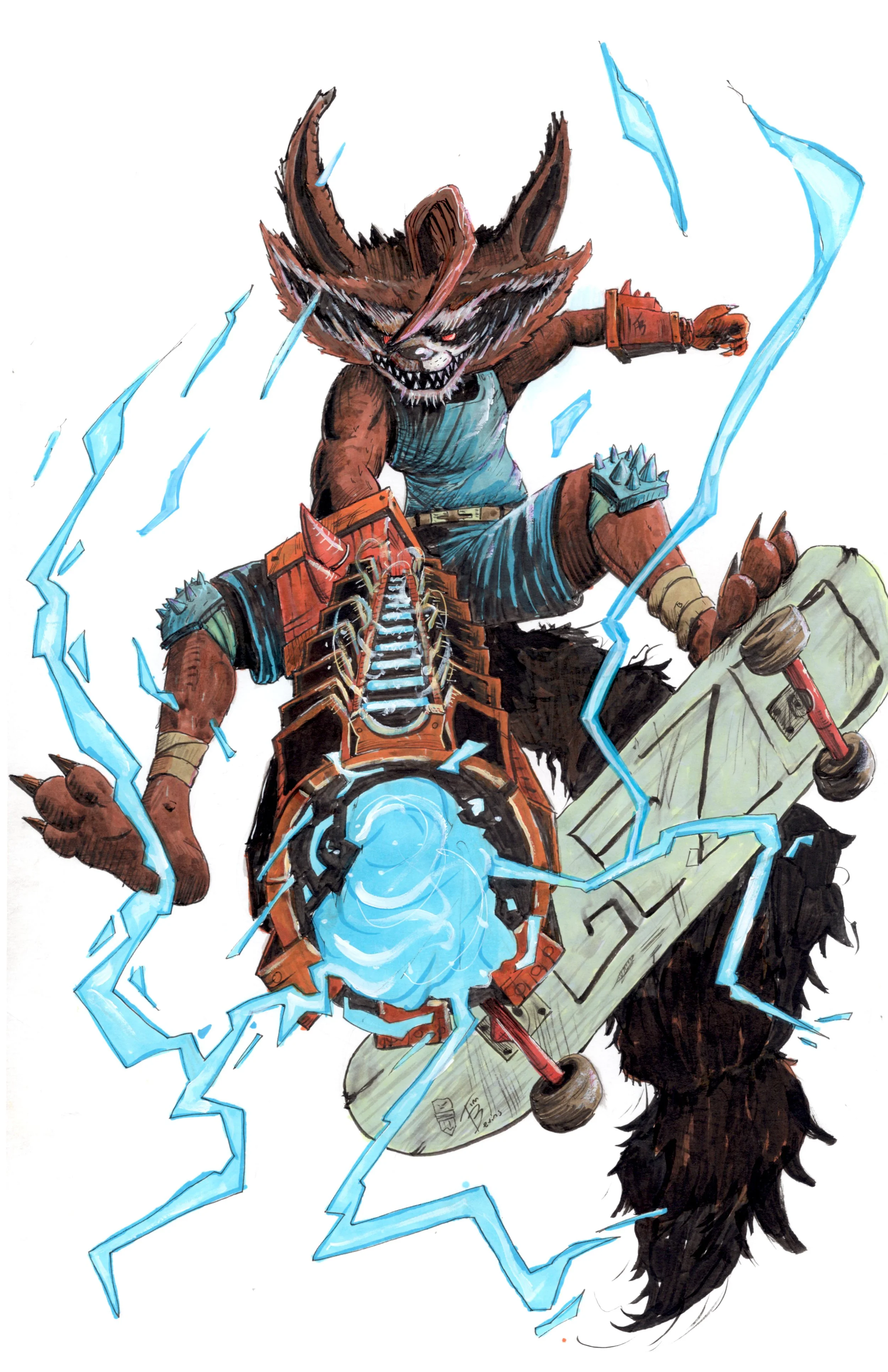 I really love the Marvel Rivals design of Rocket Raccoon, so I drew a fan art of him flying through the air on a skateboard. 