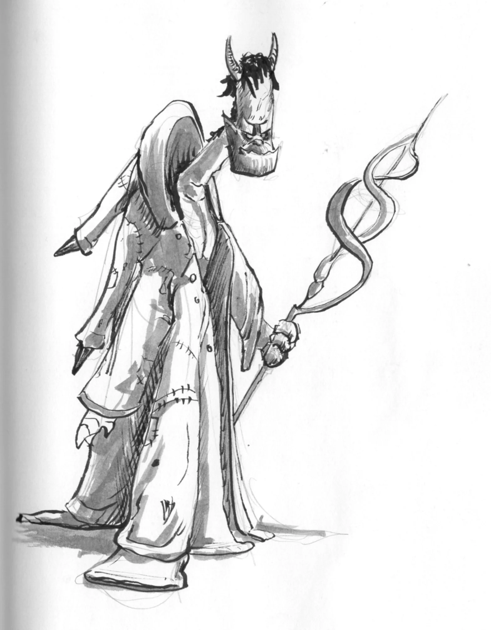 An orc wizard with a stitched together shirt to cover his monstrous appendages. I love how I did the face one this one. He doesn't fit in any my IP's either, but it was an interesting drawing. 