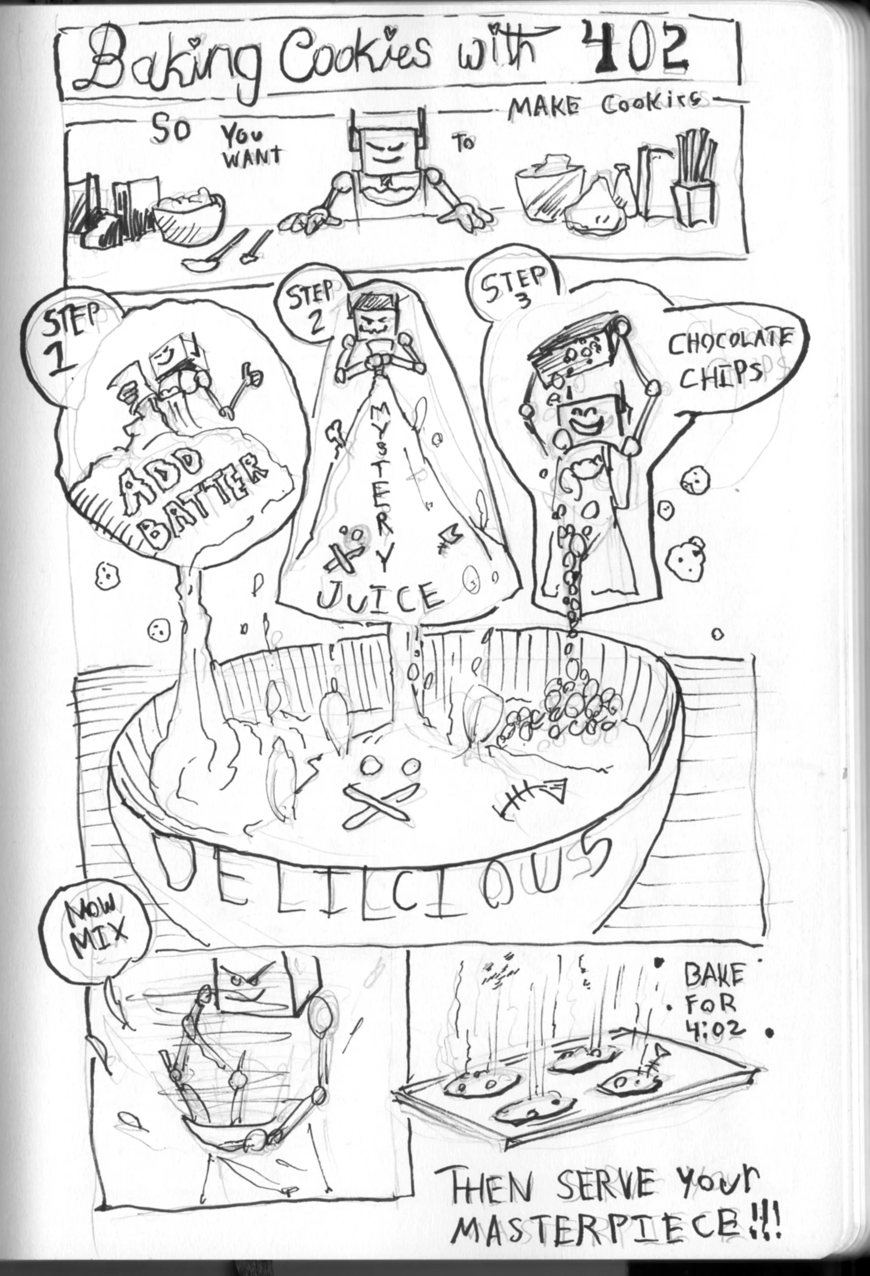 This is a fun little one shot of 402 from Toilet Paper Trash showing his recipe for baking cookies. It explains why nobody eats his cookies. Also, I pitched this to Columbus Scribbler, I'm supposed to find out if it will get published by early Januar
