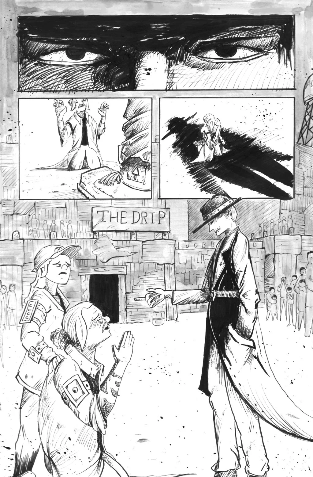 A black-and-white comic strip depicting a man with a wide-brimmed hat confronting a woman in front of a venue called 'The Drip' at an outdoor event or festival with a crowd in the background. The man appears casual and confident, while the woman look