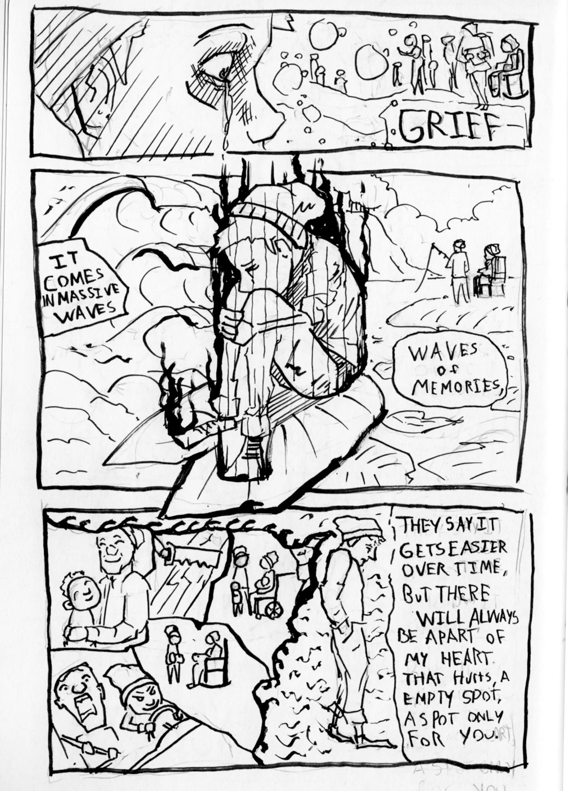 Another comic strip, I wanted to play around with the page and express some emotions. 