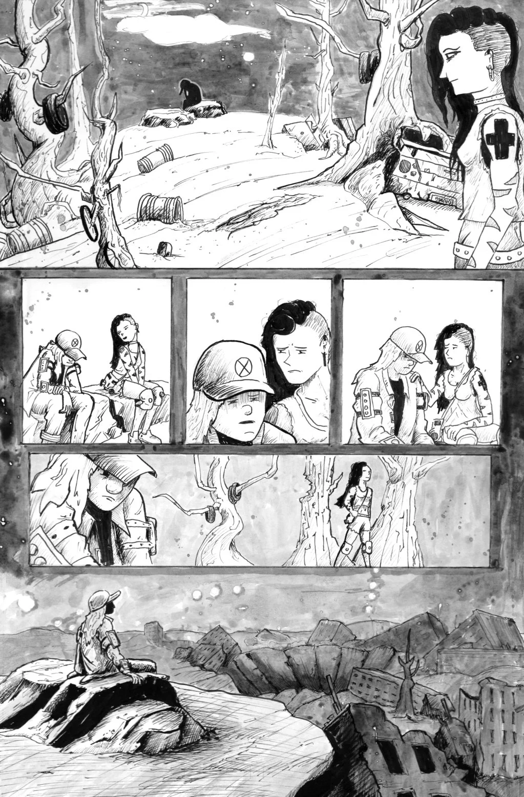 Black and white comic strip showing a post-apocalyptic scene with abandoned buildings and a girl sitting on a rock, seemingly reflective or waiting.