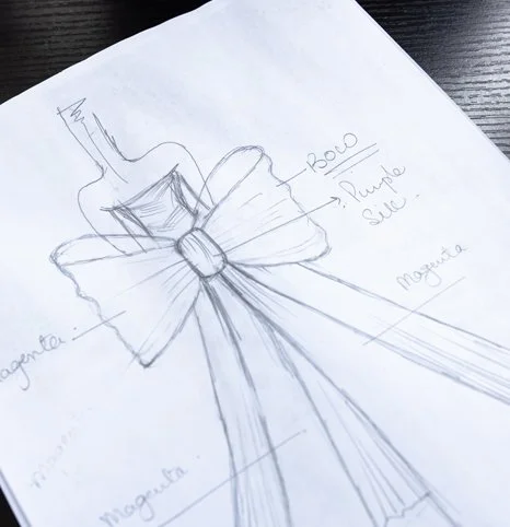 Sketch of a bow made from ribbon with labels indicating parts: bow, purple satin, magnet, and ribbon.