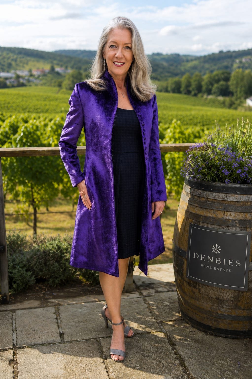 An older woman with long gray hair, wearing a vibrant purple velvet coat and a black dress, standing outdoors on a stone patio with vineyards and rolling hills in the background. She is smiling and wearing high-heeled sandals, and there is a large ba