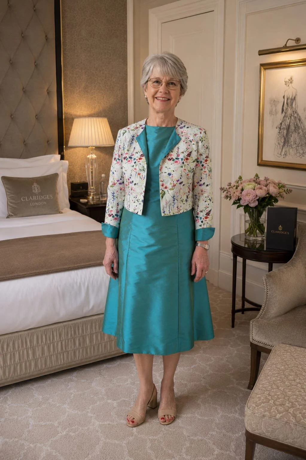 An older woman with short gray hair and glasses, dressed in a turquoise dress and a white floral jacket, standing in a well-decorated hotel room with a bed, a lamp, and framed artwork on the wall.