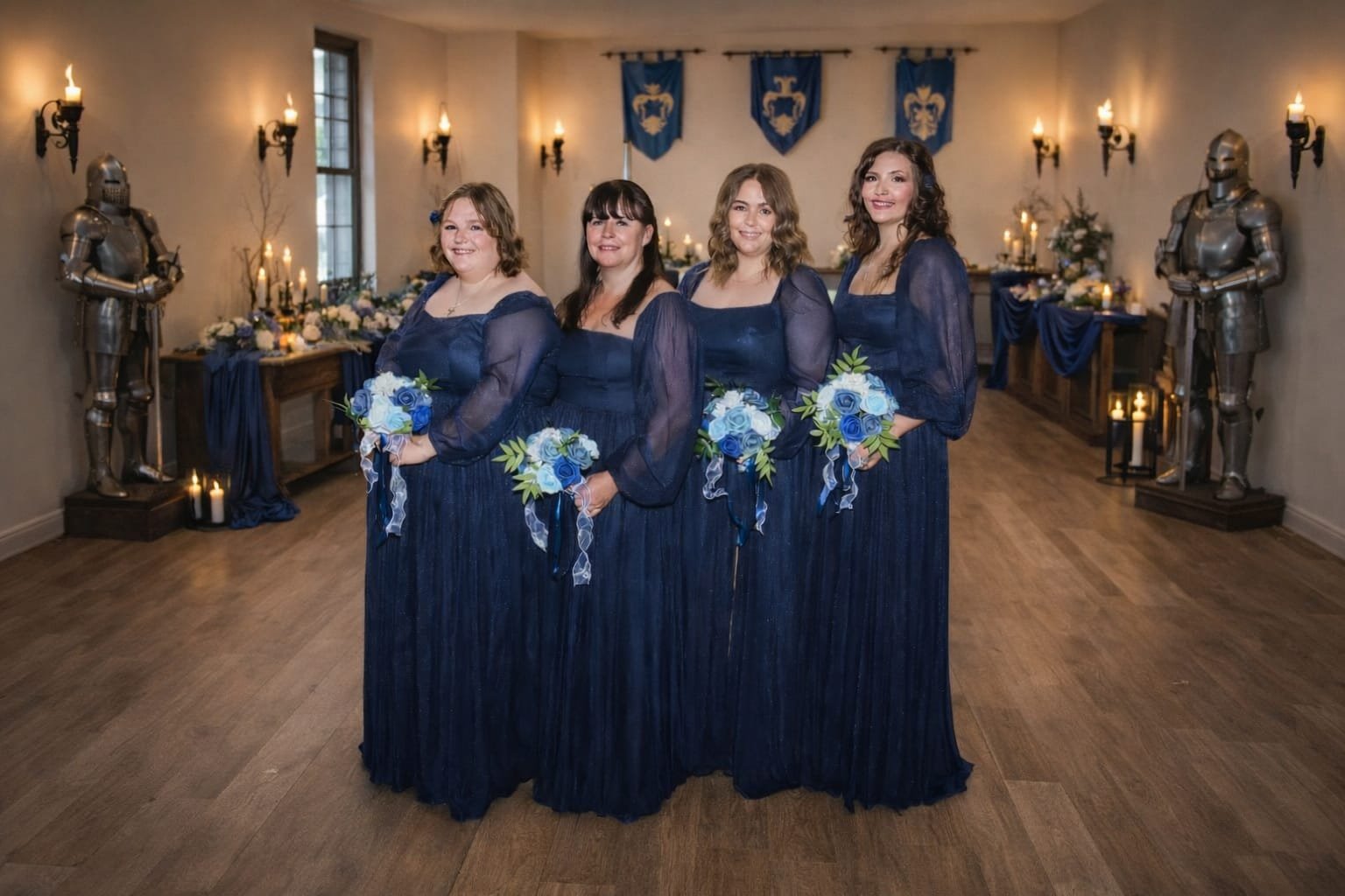 Four women dressed in navy blue formal gowns holding bouquets of blue and white flowers pose in a medieval-themed wedding reception hall with banners and suit of armor statues.