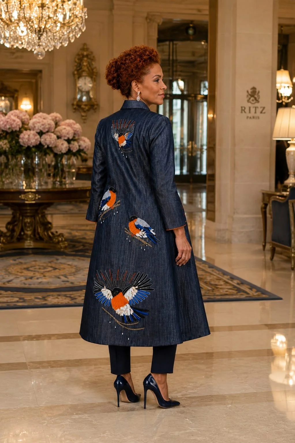 A woman in a long denim coat with embroidered birds stands in a luxurious hotel lobby. The coat features colorful bird designs on the back and lower side. The woman has short, curly hair and is wearing high heels, earrings, and black pants.