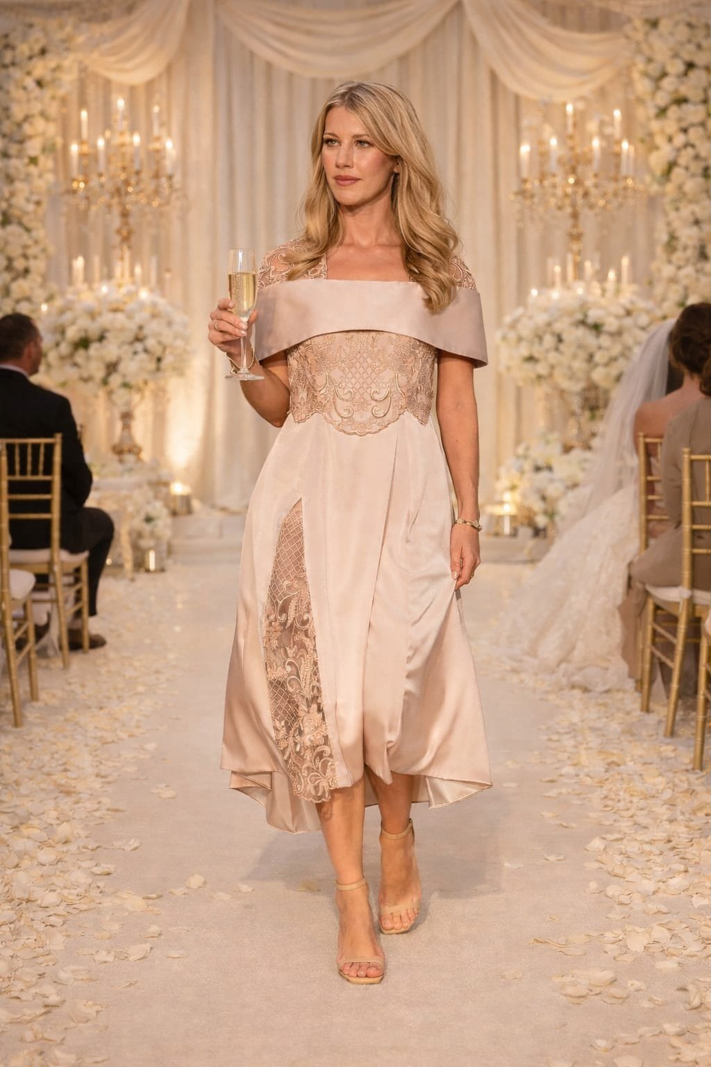 A woman in a beige dress walking down a flower-decorated aisle holding a glass of champagne at a wedding reception.