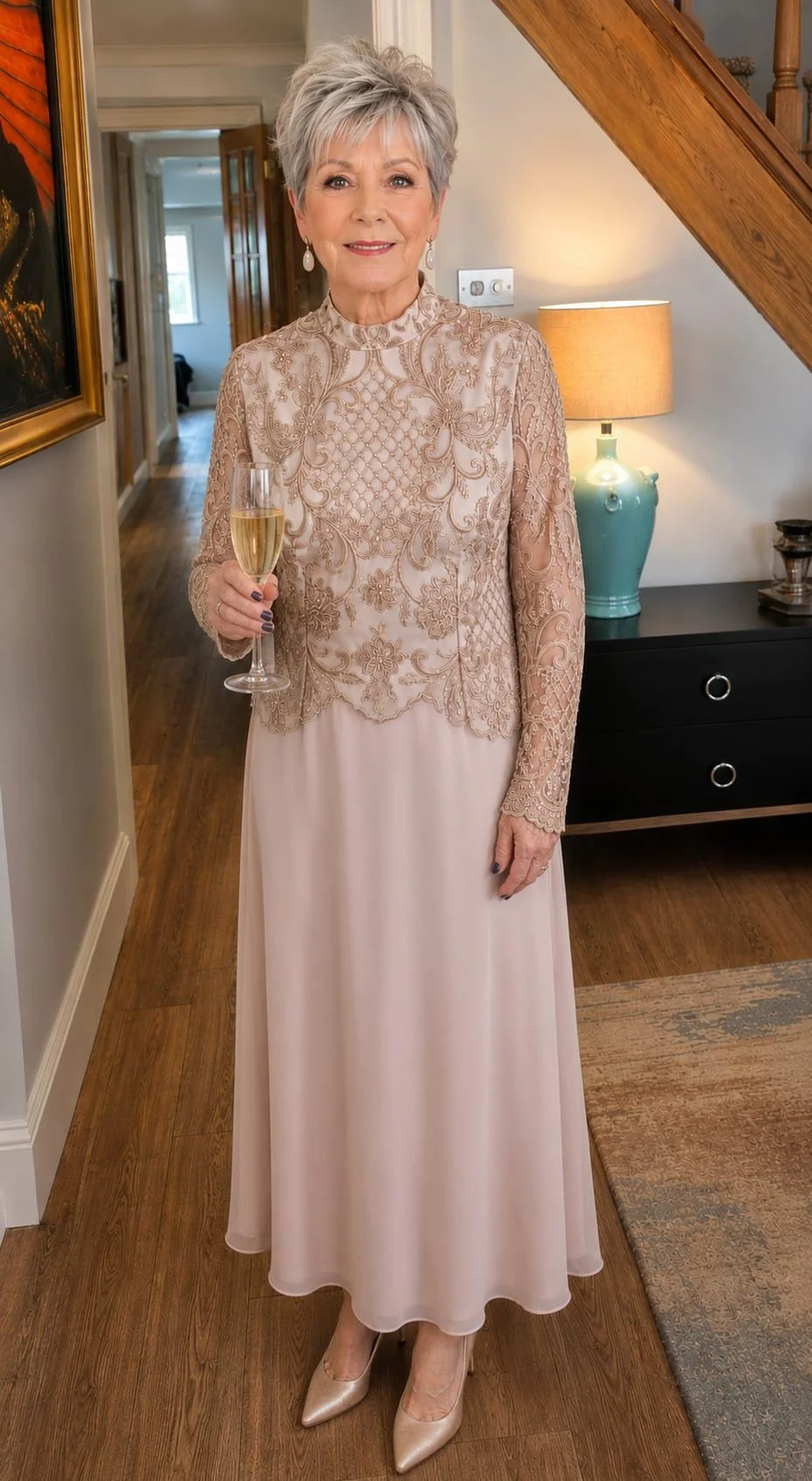 An elderly woman in an elegant beige lace dress holding a glass of champagne. She is standing indoors next to a black table with a turquoise lamp, under a staircase, with a hallway visible in the background.