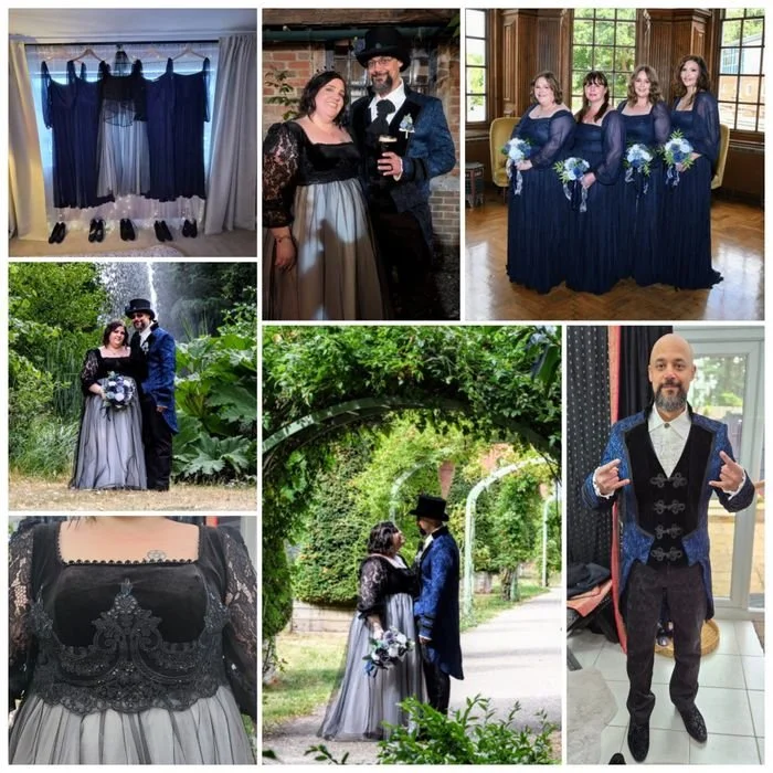 Various photos of a couple at a wedding: dressing room with navy blue curtains, couple in formal attire, group of bridesmaids in navy blue dresses, couple standing outdoors in nature, couple under an archway in a park, close-up of dress details, man in tuxedo indoors.