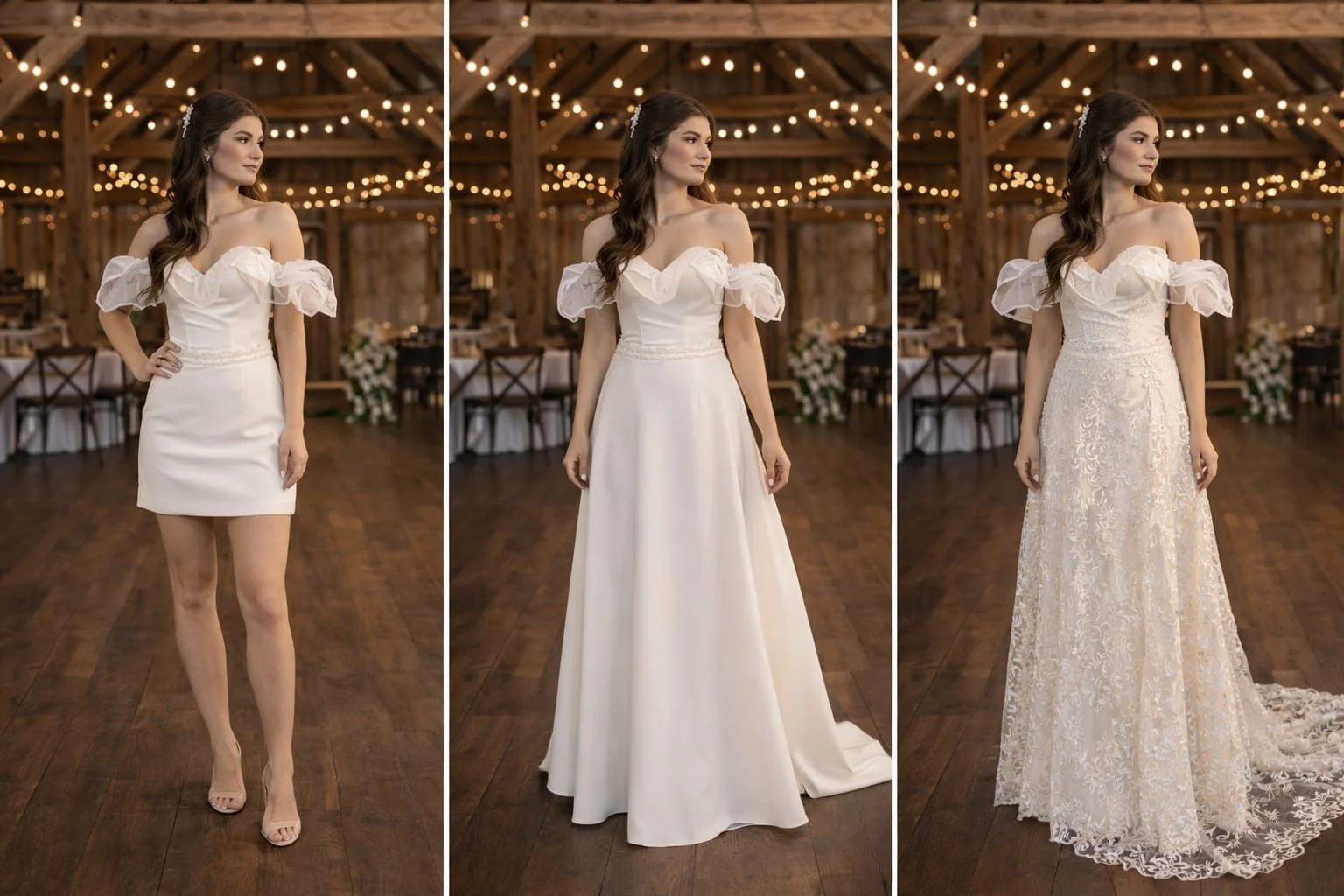 Three women in wedding dresses pose inside a rustic barn decorated with string lights and floral arrangements.