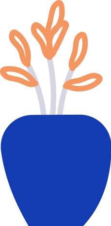 Illustration of a blue flowerpot with a plant that has orange and beige leaves.
